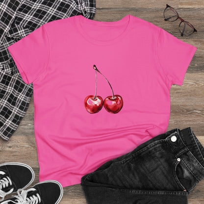 Cherries Tee, Fruit Graphic Shirt, Summer Vibes Top, Women's Cotton T-Shirt, Retro Cherry Print Clothing, Food Lover Gift