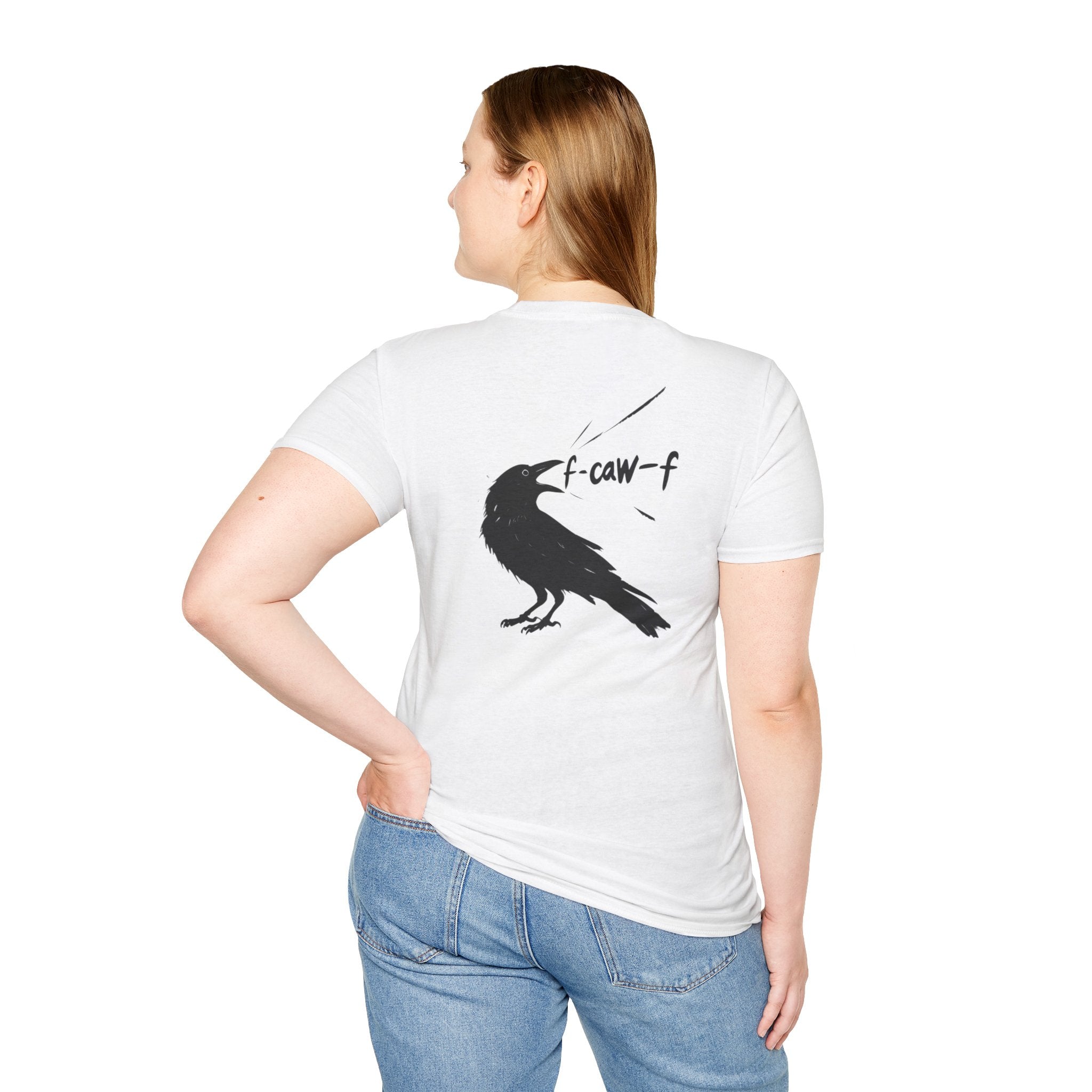 F Off Crow Bird Lover back of shirt design Unisex Softstyle T-Shirt, Sarcastic Graphic Tee for Bird Enthusiasts, F Off Tee, Unique Gift, F-Caw-F Christmas gift
