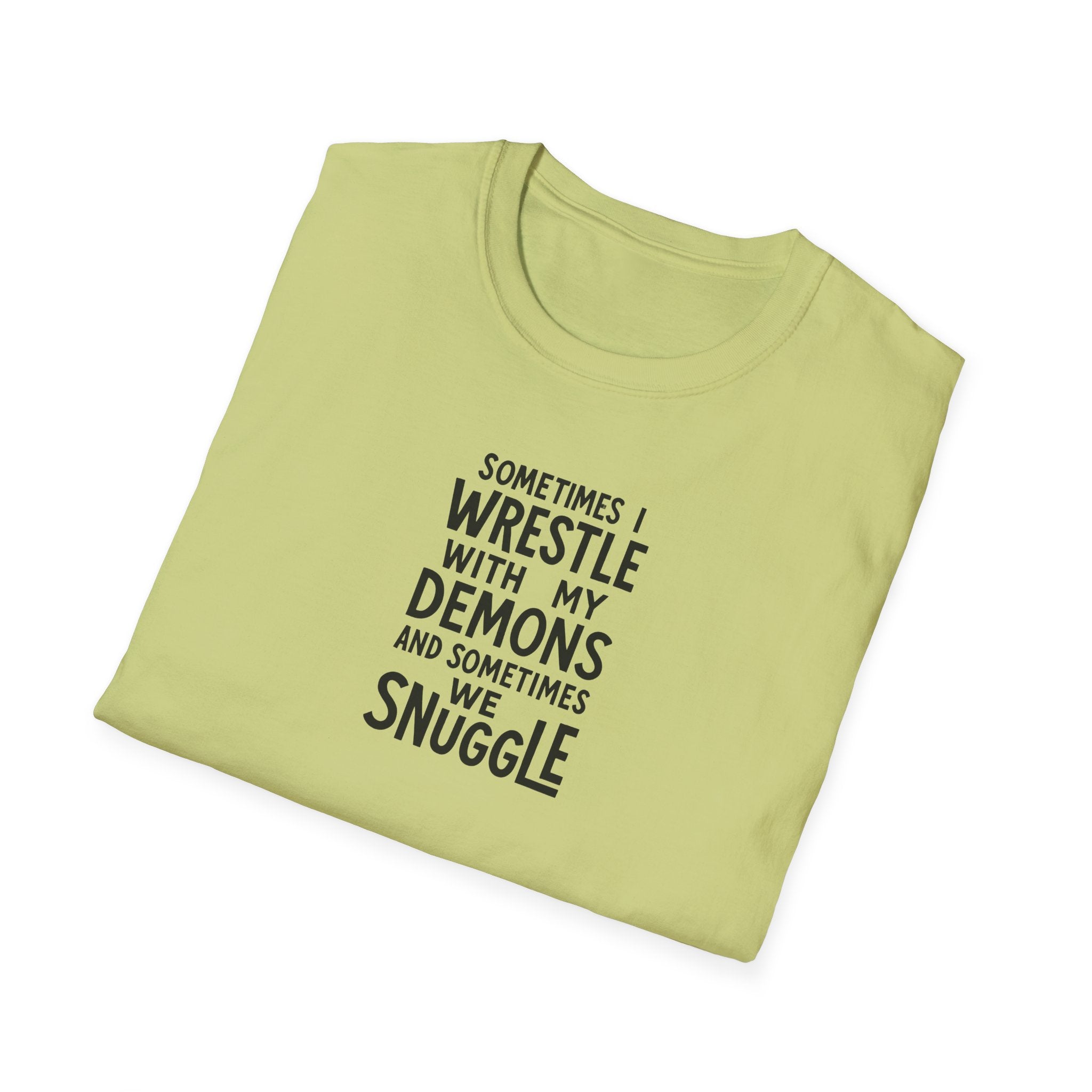 Demon Snuggle Unisex Softstyle T-Shirt, Wrestling Funny Tee, Mental Health Shirt, Graphic Tee, Gift for Him Her