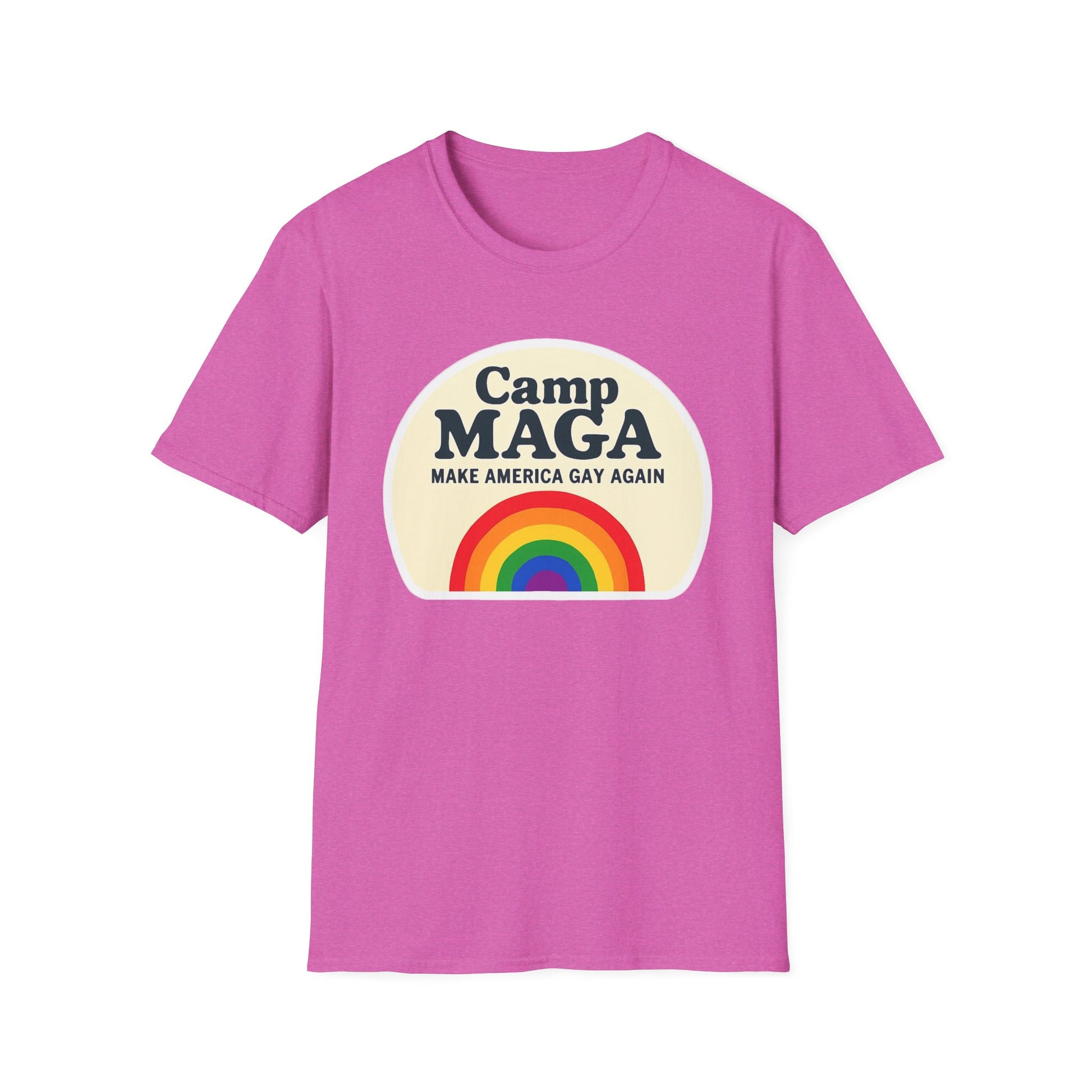 Camp MAGA Rainbow T-Shirt, Carnival Make America Gay Again Pride Tee, LGBTQ Festival Shirt, Unisex Softstyle Top, Patriotic Rainbow Apparel