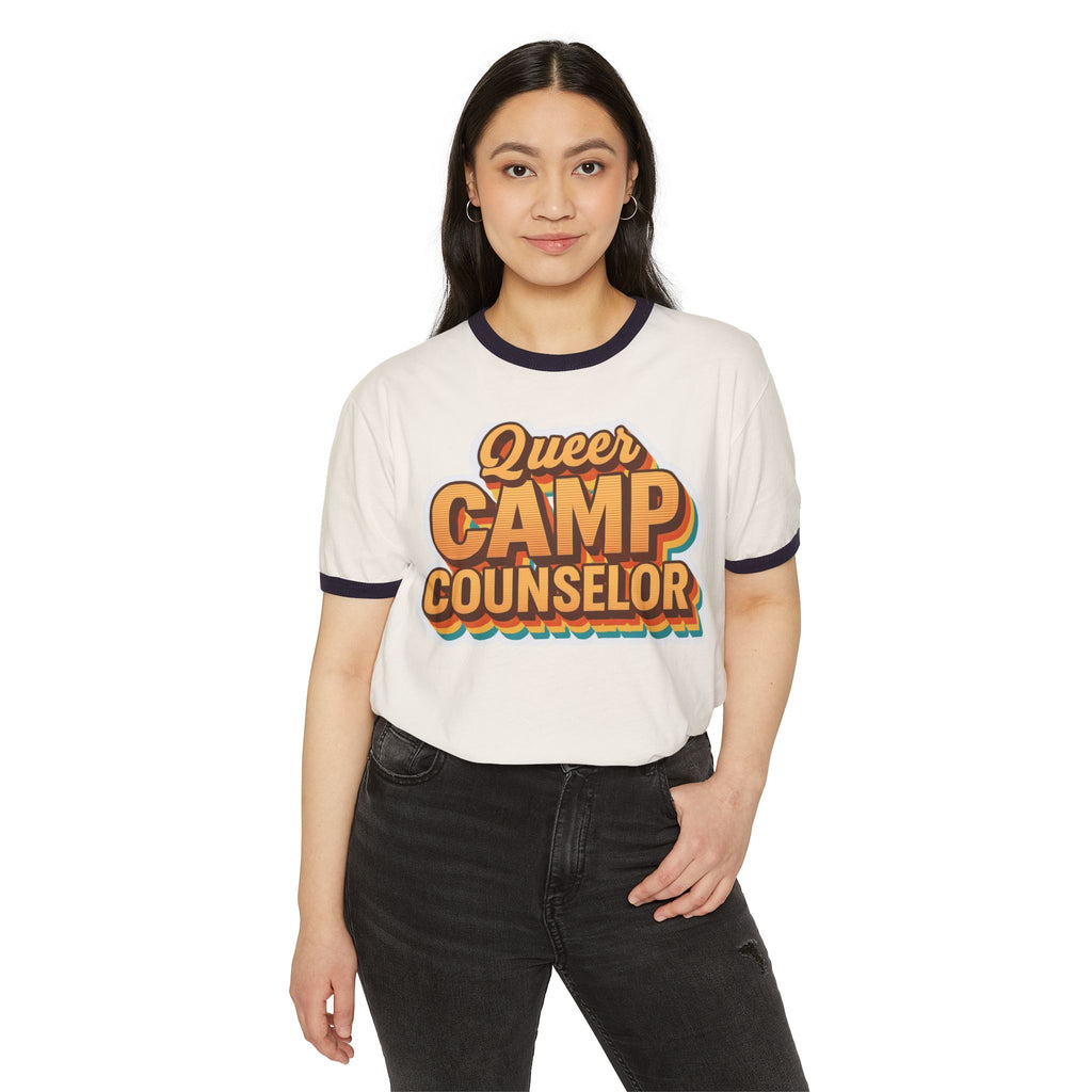 Queer Camp Counselor Ringer T-Shirt, Ptown carnival Unisex Cotton Tee, LGBTQ+ Pride Apparel, Summer Camp Shirt, Fun Outdoor Wear