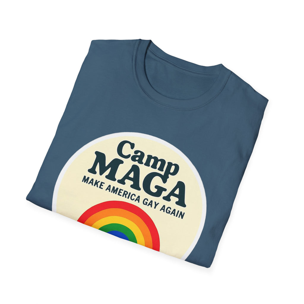 Camp MAGA Rainbow T-Shirt, Carnival Make America Gay Again Pride Tee, LGBTQ Festival Shirt, Unisex Softstyle Top, Patriotic Rainbow Apparel