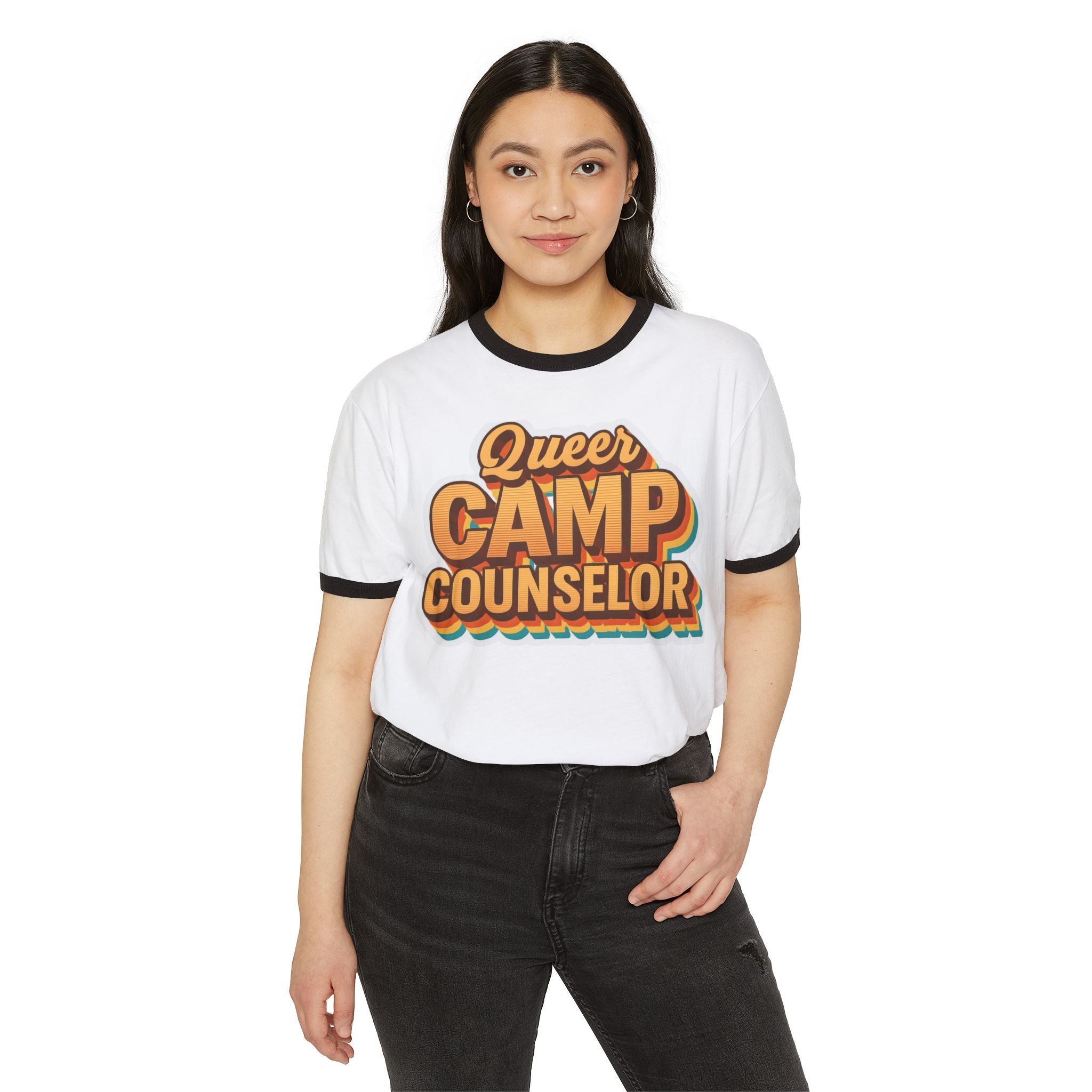 Queer Camp Counselor Ringer T-Shirt, Ptown carnival Unisex Cotton Tee, LGBTQ+ Pride Apparel, Summer Camp Shirt, Fun Outdoor Wear