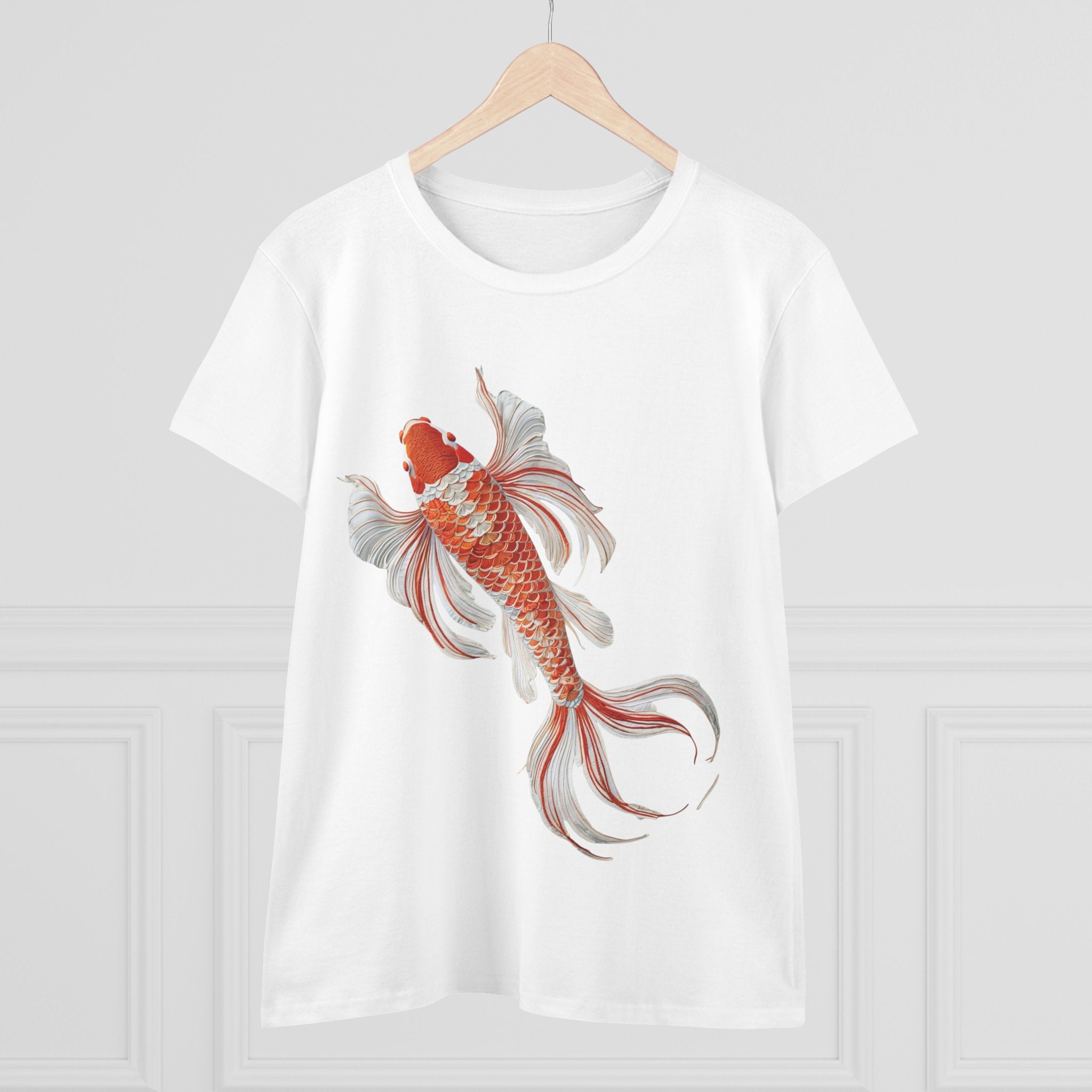Koi Fish Design Tee for Women, Casual Summer Top, Gift for Nature Lovers, Artistic Cotton Shirt, Ocean Vibe Tee, Everyday Wear