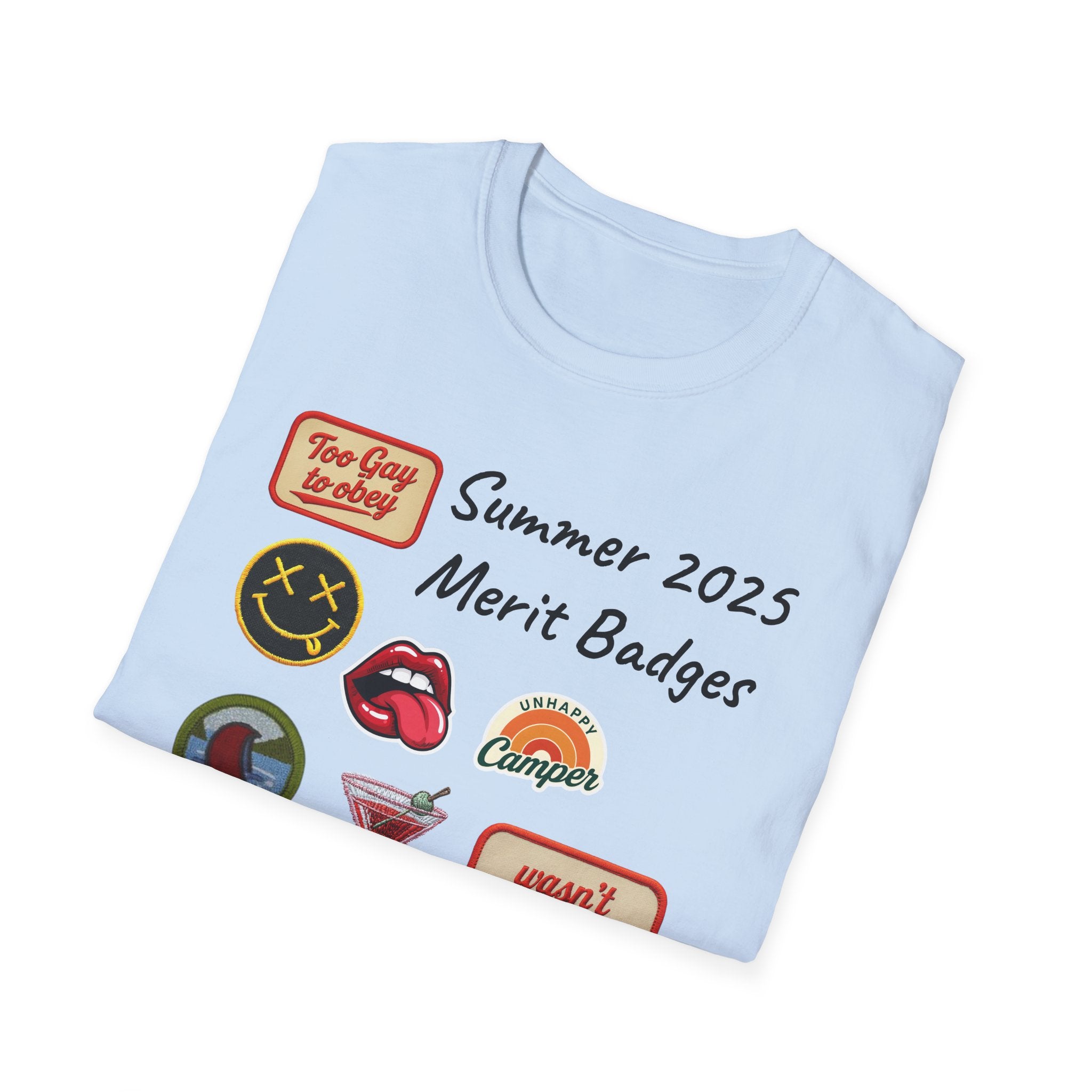 Summer 2025 Merit Badges carnival Unisex Softstyle T-Shirt, Gay Summer Apparel, Camp Vibes Tee, Unique Gifts, Casual Wear for Parties