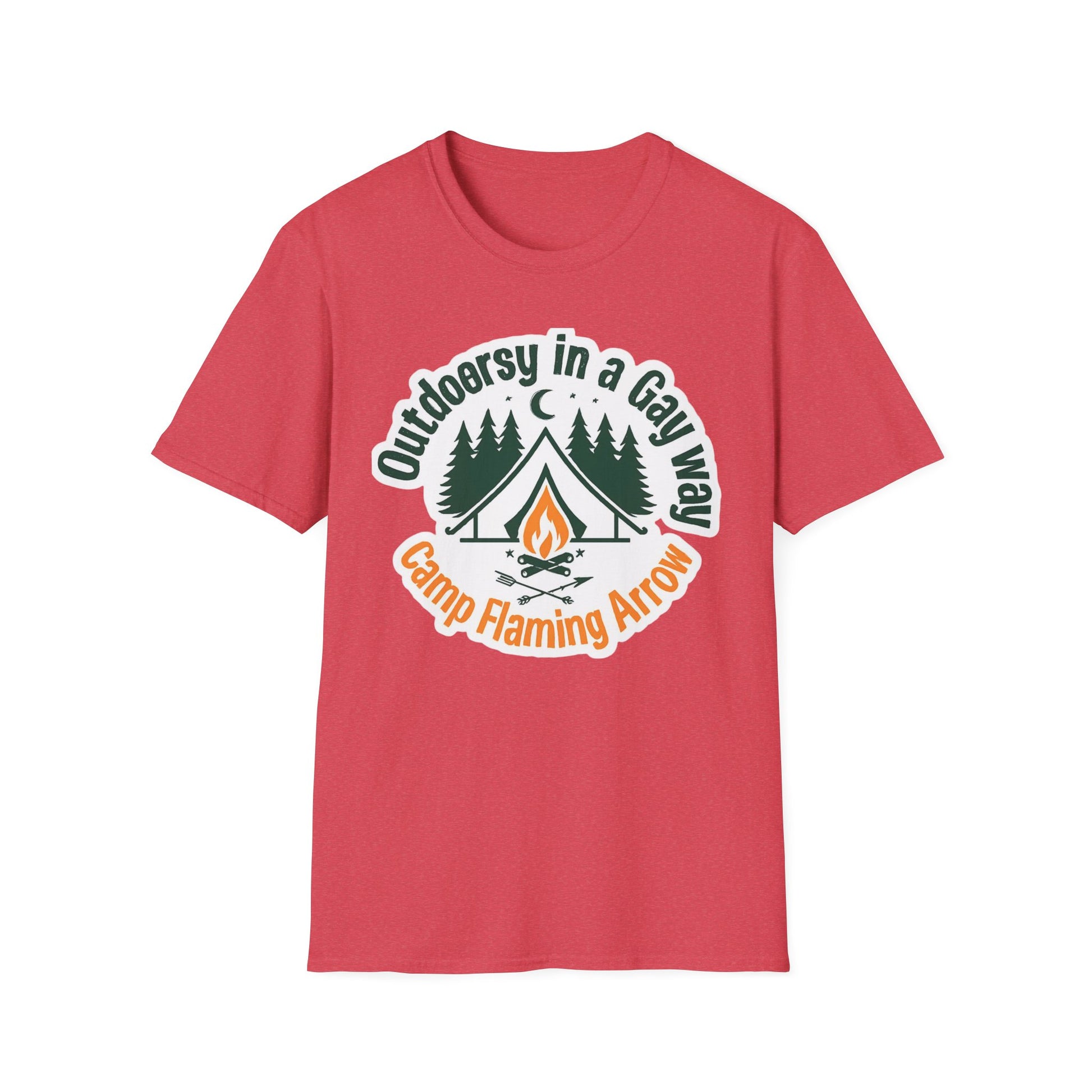 Camp Flaming Arrow Pride T-Shirt, Ptown carnival Gay Outdoorsy in a gay way, LGBTQ+ Camping Gear, Summer Festival Top, Unisex Graphic Tee