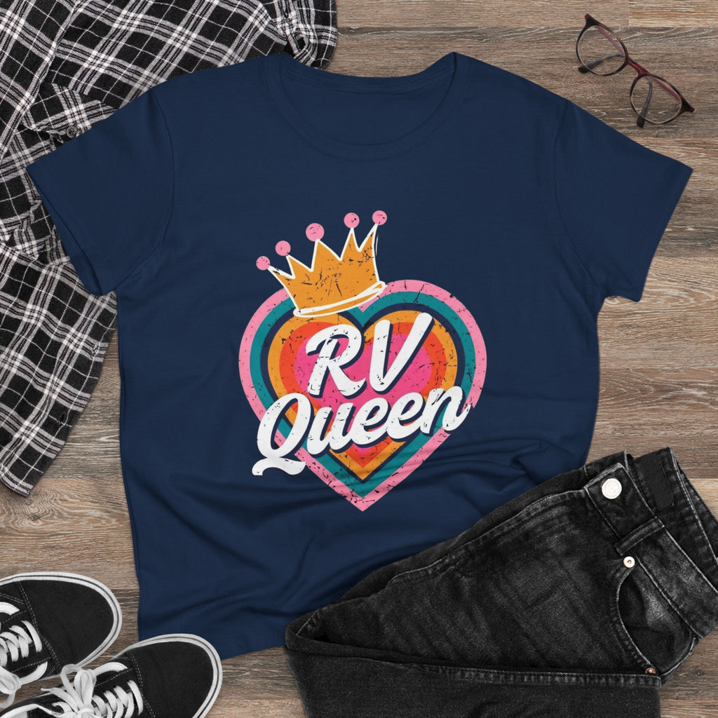 T-Shirt, RV Queen Camping Traveling, Women's Midweight Cotton Tee, Outdoor Adventure Shirt, Camper Life Top, Road Trip Apparel, Campfire