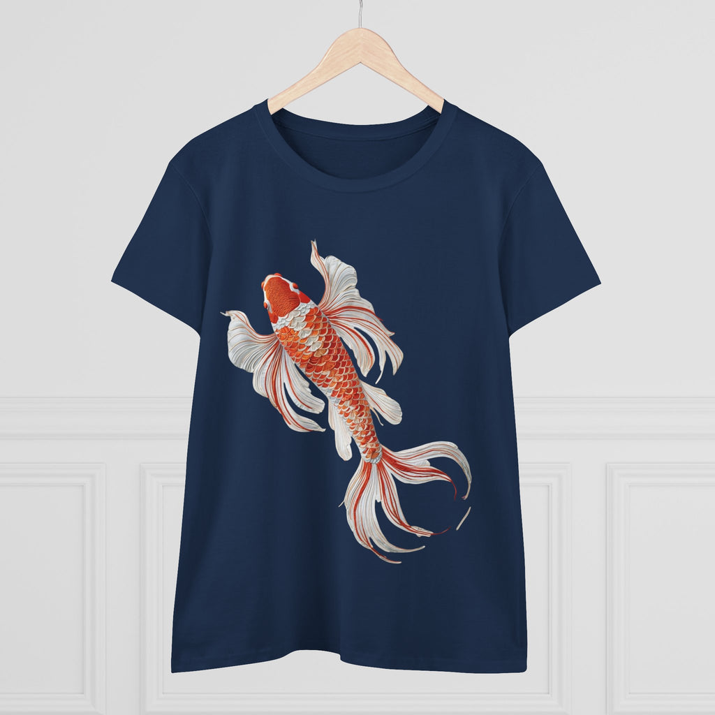 Koi Fish Design Tee for Women, Casual Summer Top, Gift for Nature Lovers, Artistic Cotton Shirt, Ocean Vibe Tee, Everyday Wear