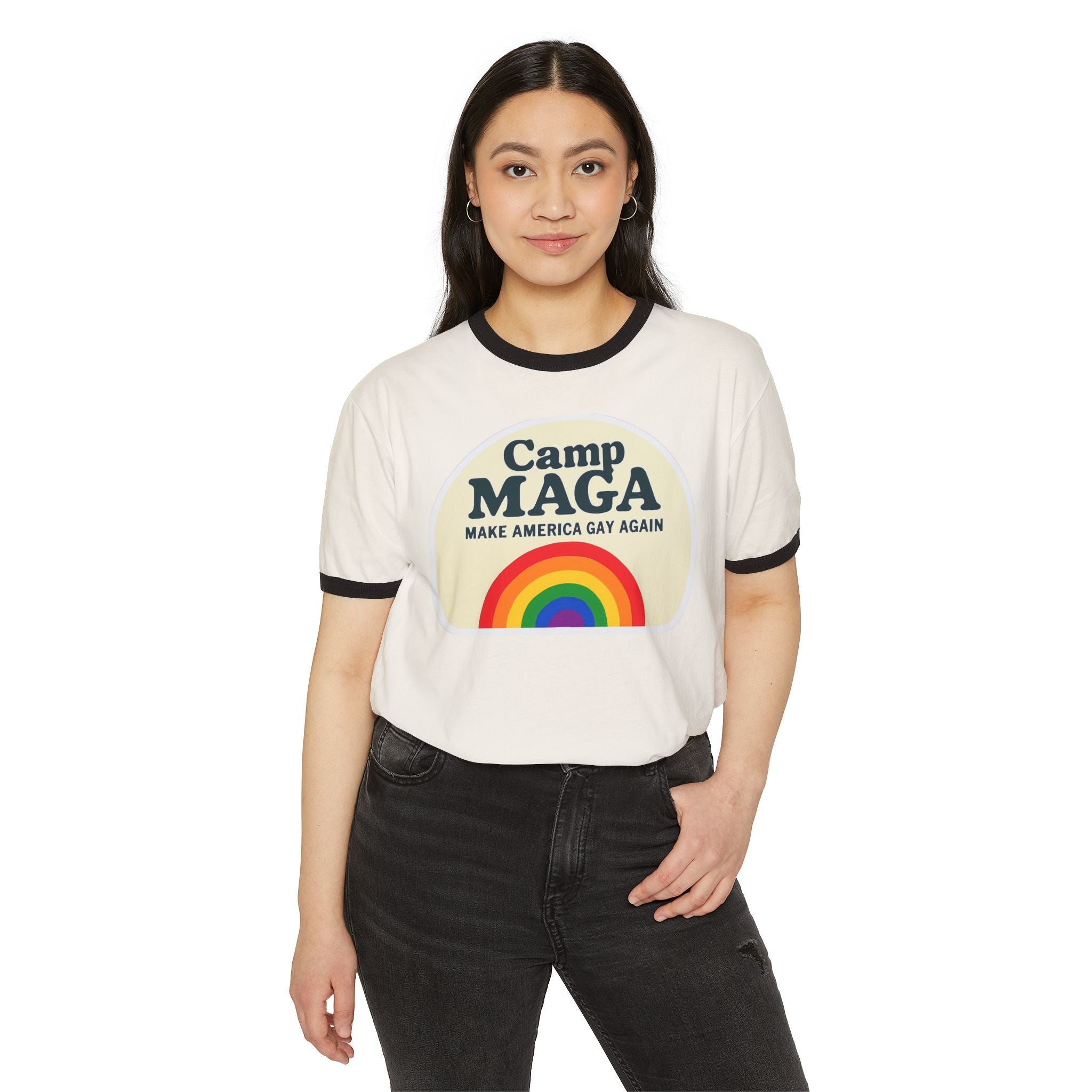 Camp MAGA Ptown Carnival Unisex Cotton Ringer T-Shirt, Pride Parade LGBT Anti-Trump Activist Tee, Make America Gay Again, Resist Political