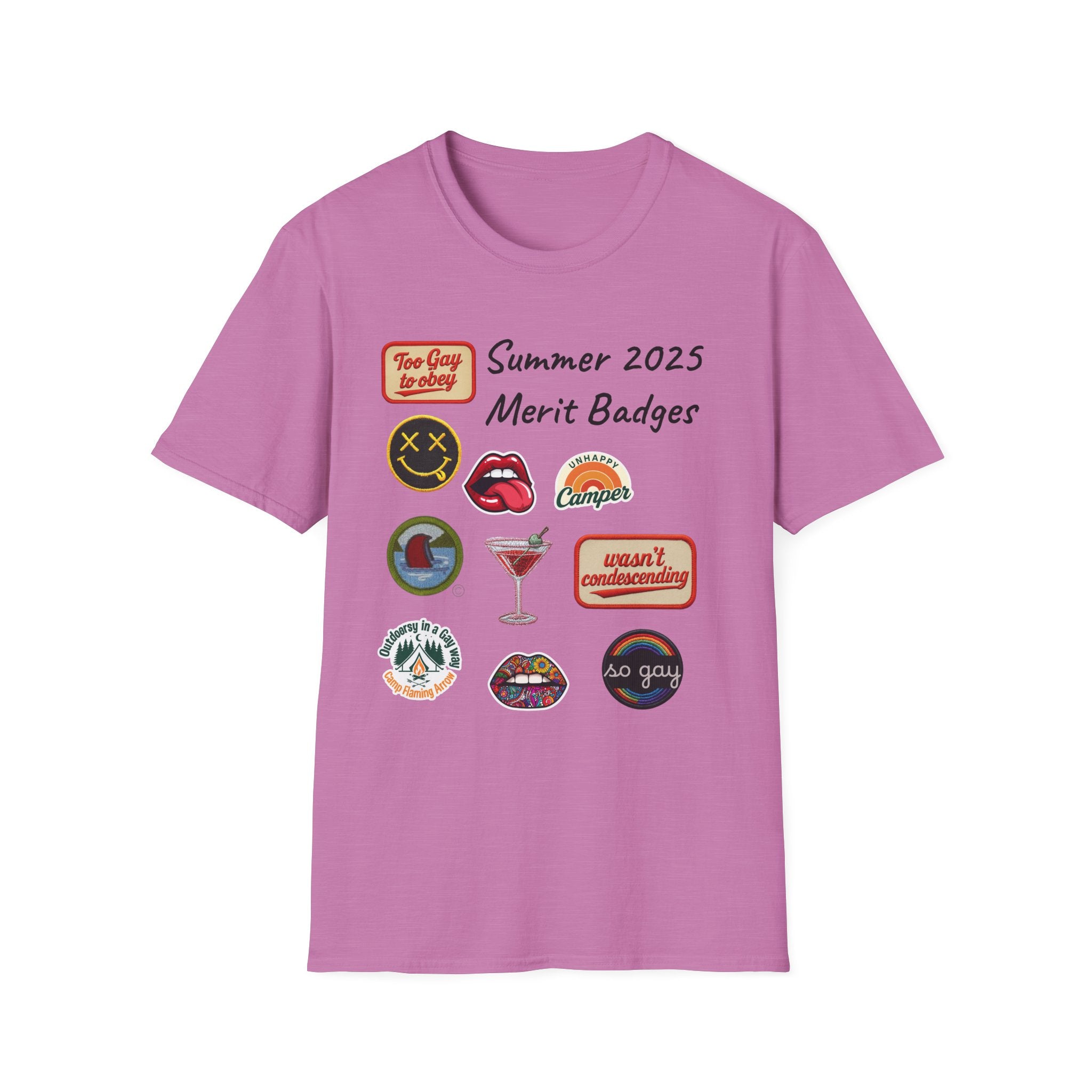Summer 2025 Merit Badges carnival Unisex Softstyle T-Shirt, Gay Summer Apparel, Camp Vibes Tee, Unique Gifts, Casual Wear for Parties