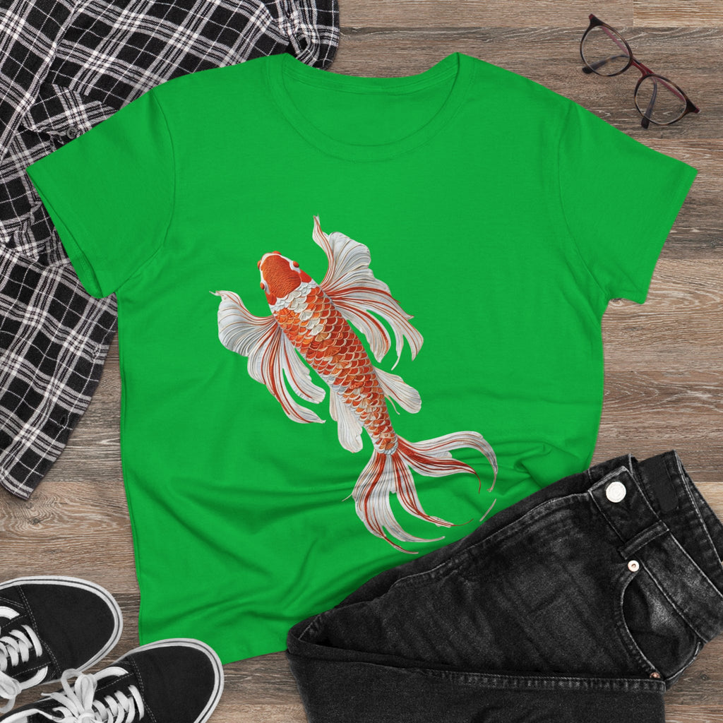 Koi Fish Design Tee for Women, Casual Summer Top, Gift for Nature Lovers, Artistic Cotton Shirt, Ocean Vibe Tee, Everyday Wear