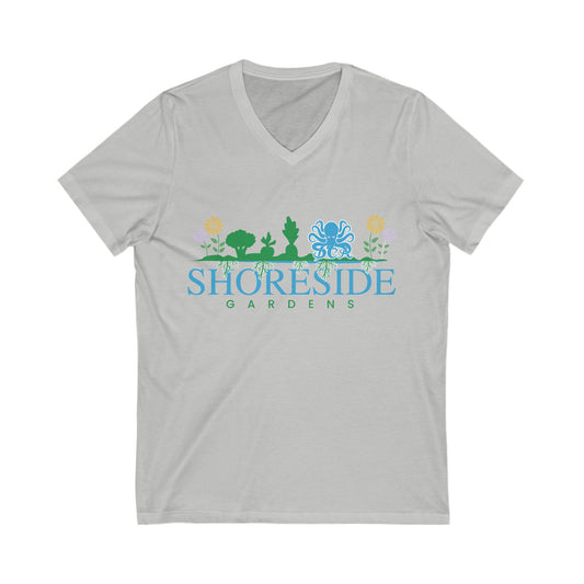 Shoreside Gardens.         Unisex Jersey Short Sleeve V-Neck Tee