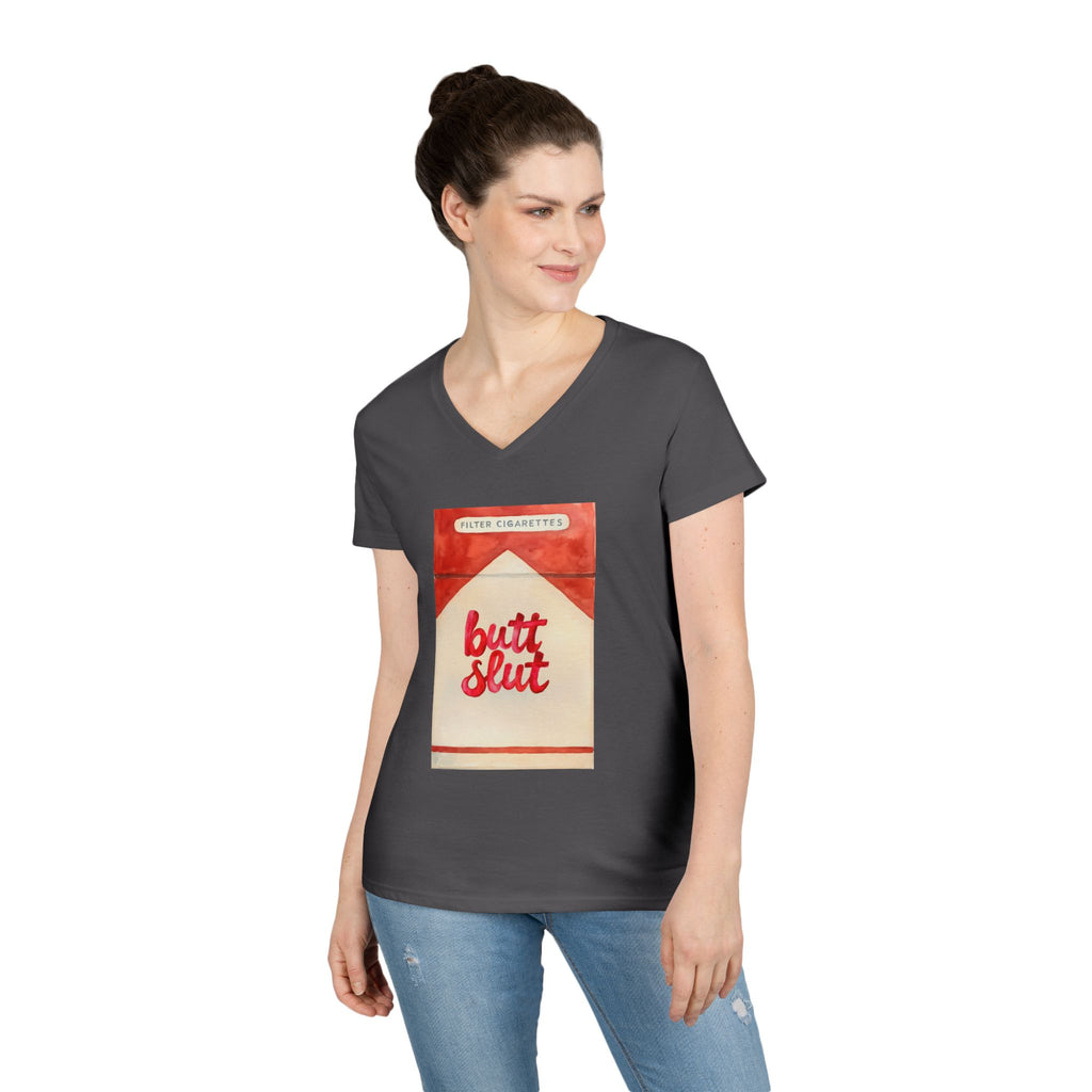 Butt Slut Ladies' V-Neck T-Shirt, Fun Offensive Smokers Shirt, Women's Tee, Rude Graphic Top, V-Neck Short Sleeve Shirt