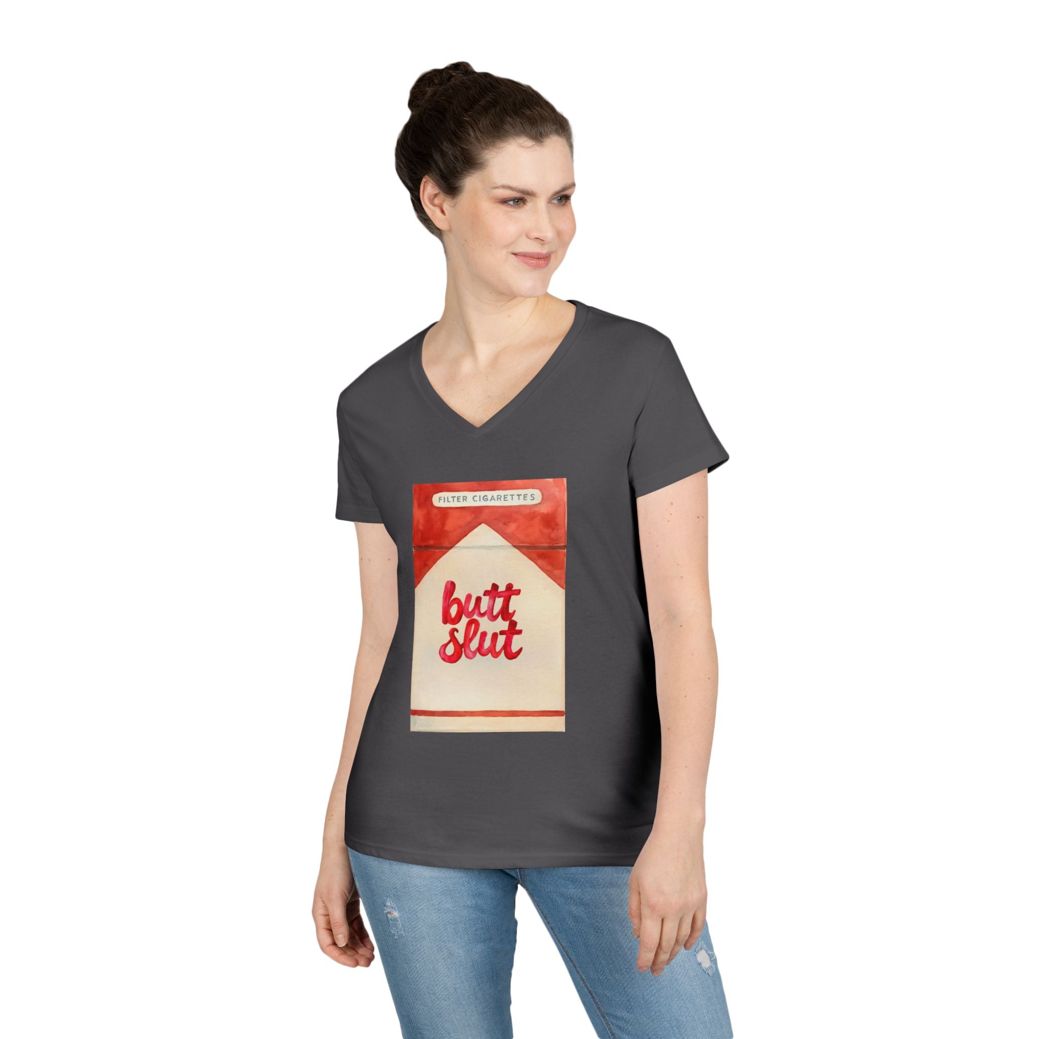 Butt Slut Ladies' V-Neck T-Shirt, Fun Offensive Smokers Shirt, Women's Tee, Rude Graphic Top, V-Neck Short Sleeve Shirt