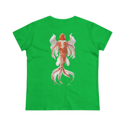Artistic Goldfish Graphic Women's Midweight Cotton Tee koi On back of tee