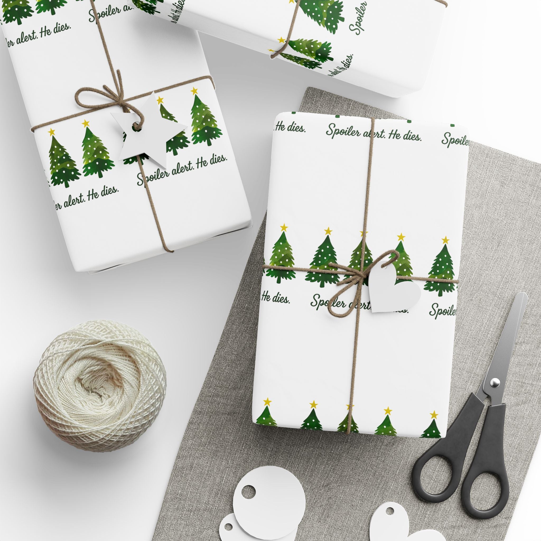 Funny Jesus Spoiler alert. He dies. Christmas Tree Wrapping Paper Roll – Festive Green Trees with