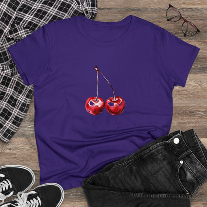 Cherries Tee, Fruit Graphic Shirt, Summer Vibes Top, Women's Cotton T-Shirt, Retro Cherry Print Clothing, Food Lover Gift