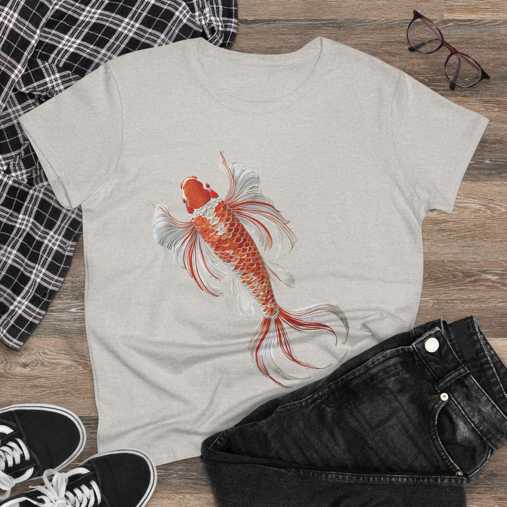Koi Fish Design Tee for Women, Casual Summer Top, Gift for Nature Lovers, Artistic Cotton Shirt, Ocean Vibe Tee, Everyday Wear