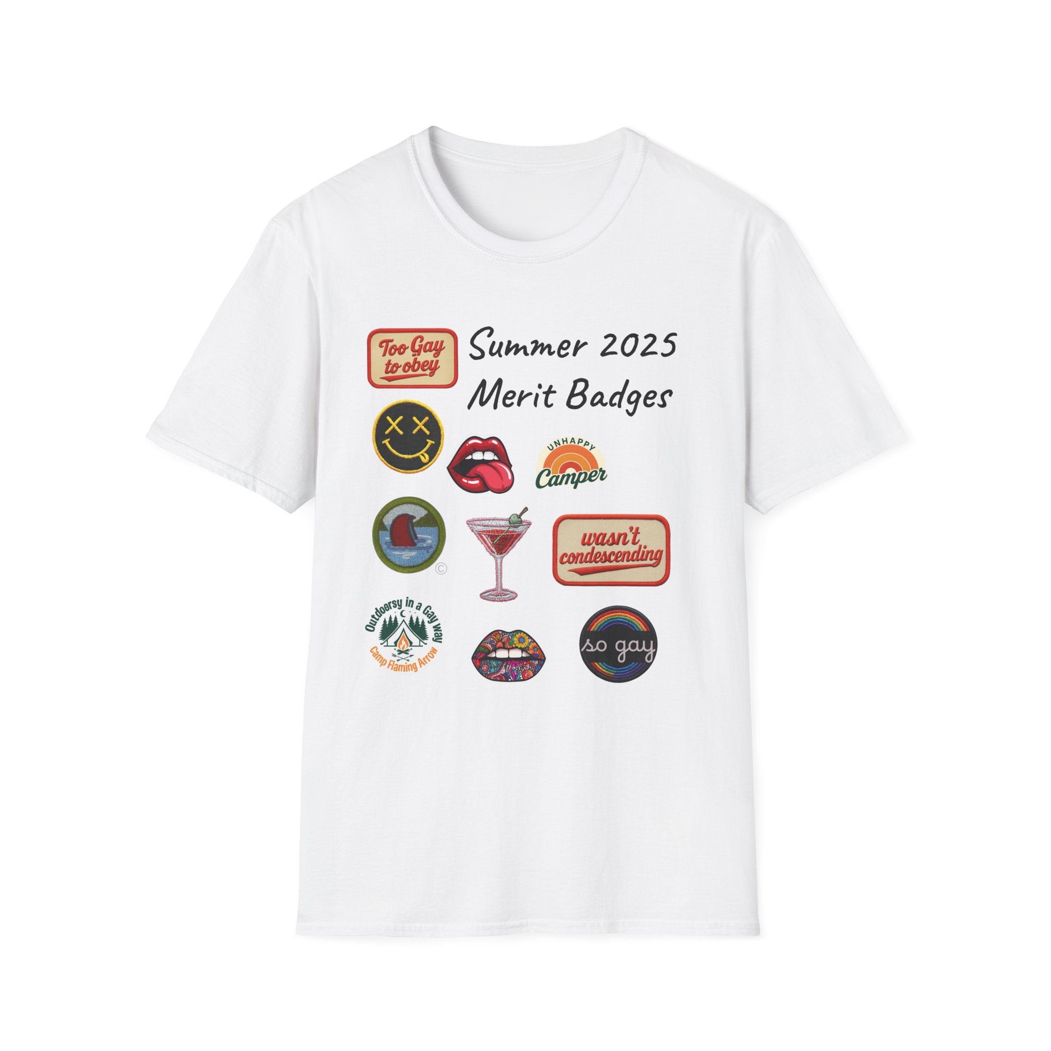 Summer 2025 Merit Badges carnival Unisex Softstyle T-Shirt, Gay Summer Apparel, Camp Vibes Tee, Unique Gifts, Casual Wear for Parties