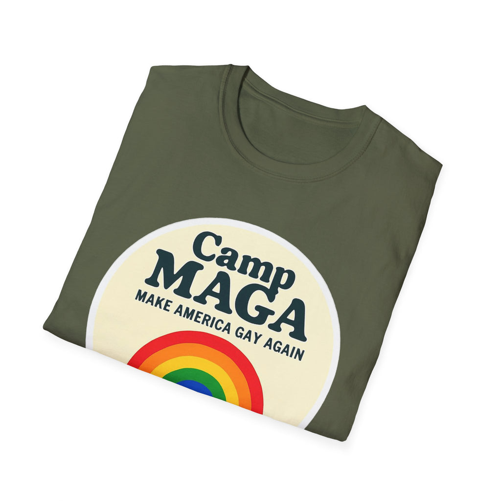 Camp MAGA Rainbow T-Shirt, Carnival Make America Gay Again Pride Tee, LGBTQ Festival Shirt, Unisex Softstyle Top, Patriotic Rainbow Apparel