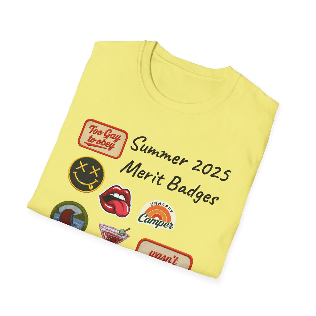 Summer 2025 Merit Badges carnival Unisex Softstyle T-Shirt, Gay Summer Apparel, Camp Vibes Tee, Unique Gifts, Casual Wear for Parties