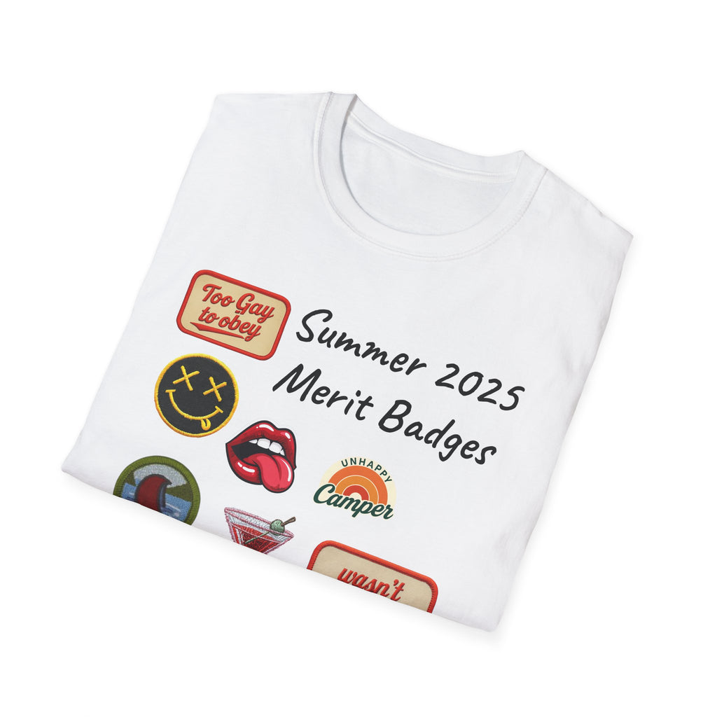 Summer 2025 Merit Badges carnival Unisex Softstyle T-Shirt, Gay Summer Apparel, Camp Vibes Tee, Unique Gifts, Casual Wear for Parties