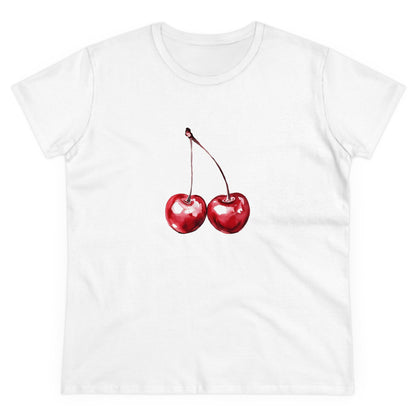 Cherries Tee, Fruit Graphic Shirt, Summer Vibes Top, Women's Cotton T-Shirt, Retro Cherry Print Clothing, Food Lover Gift