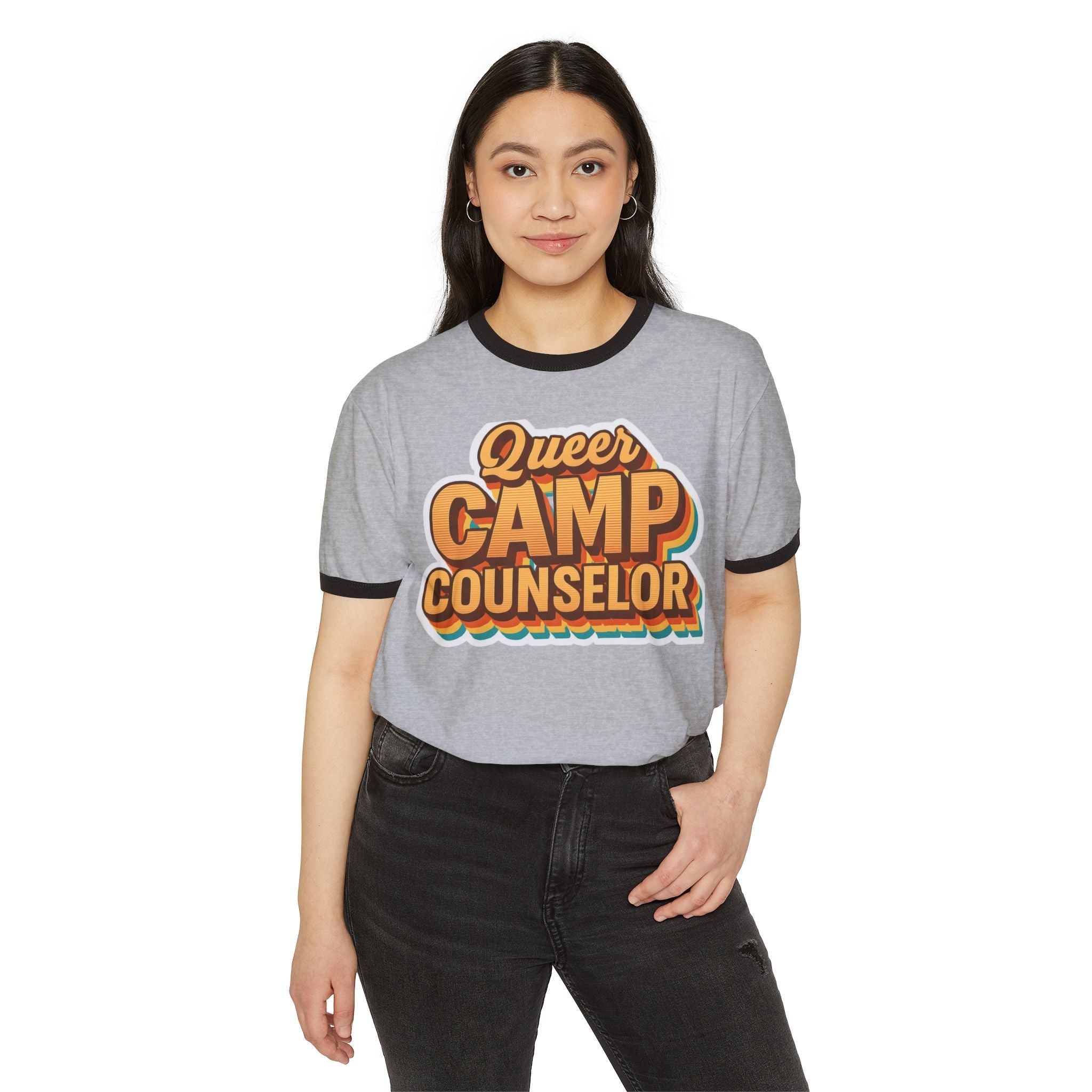 Queer Camp Counselor Ringer T-Shirt, Ptown carnival Unisex Cotton Tee, LGBTQ+ Pride Apparel, Summer Camp Shirt, Fun Outdoor Wear