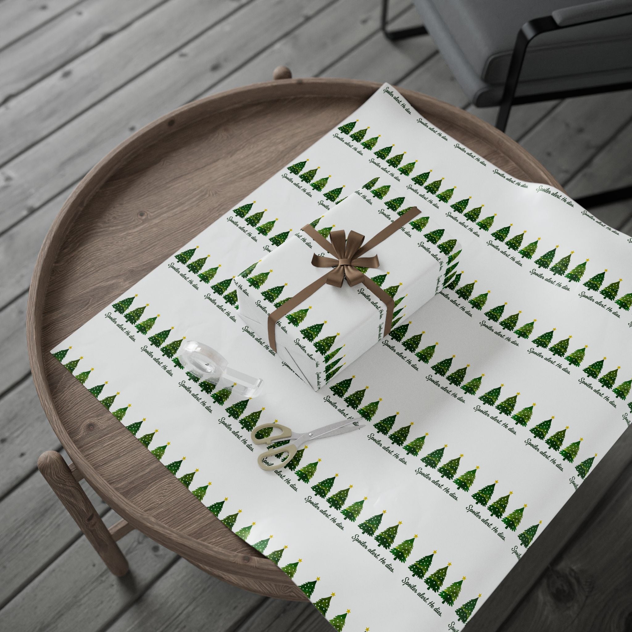 Funny Jesus Spoiler alert. He dies. Christmas Tree Wrapping Paper Roll – Festive Green Trees with