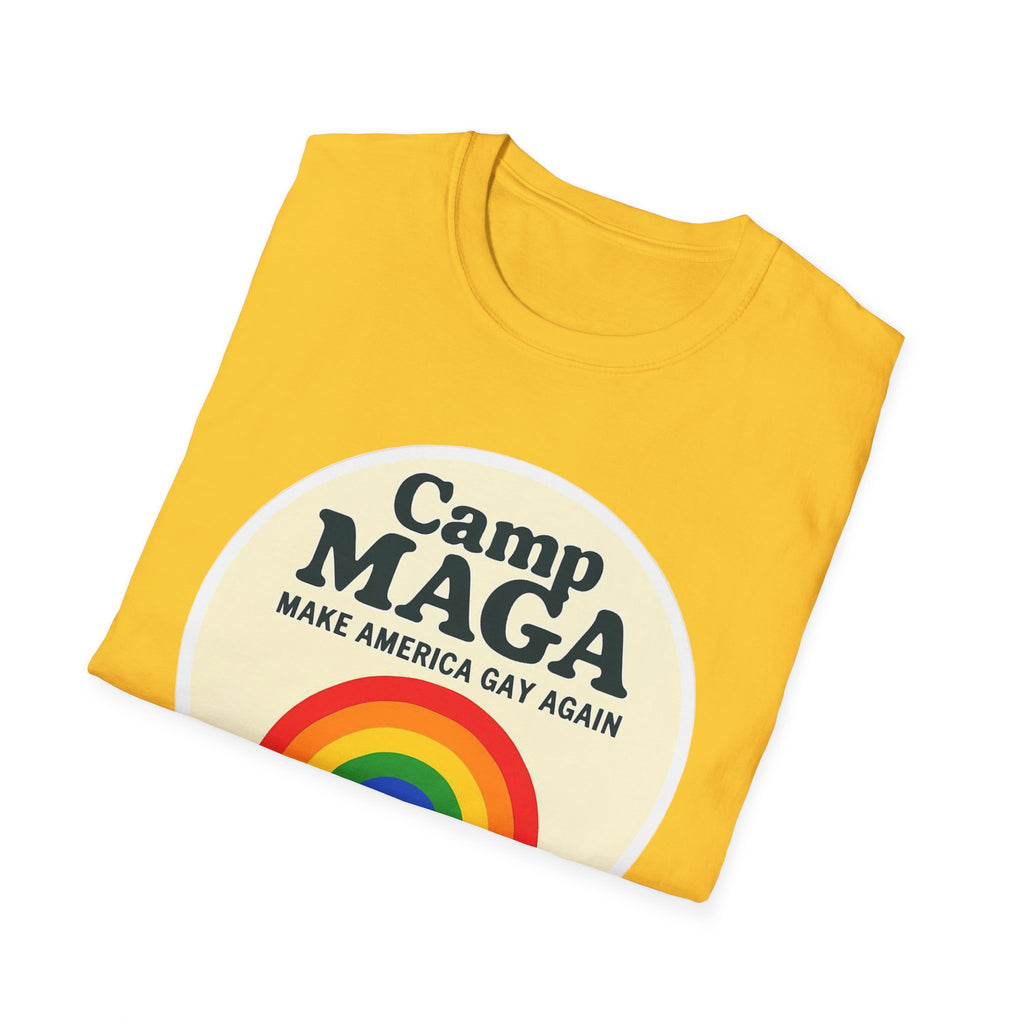 Camp MAGA Rainbow T-Shirt, Carnival Make America Gay Again Pride Tee, LGBTQ Festival Shirt, Unisex Softstyle Top, Patriotic Rainbow Apparel