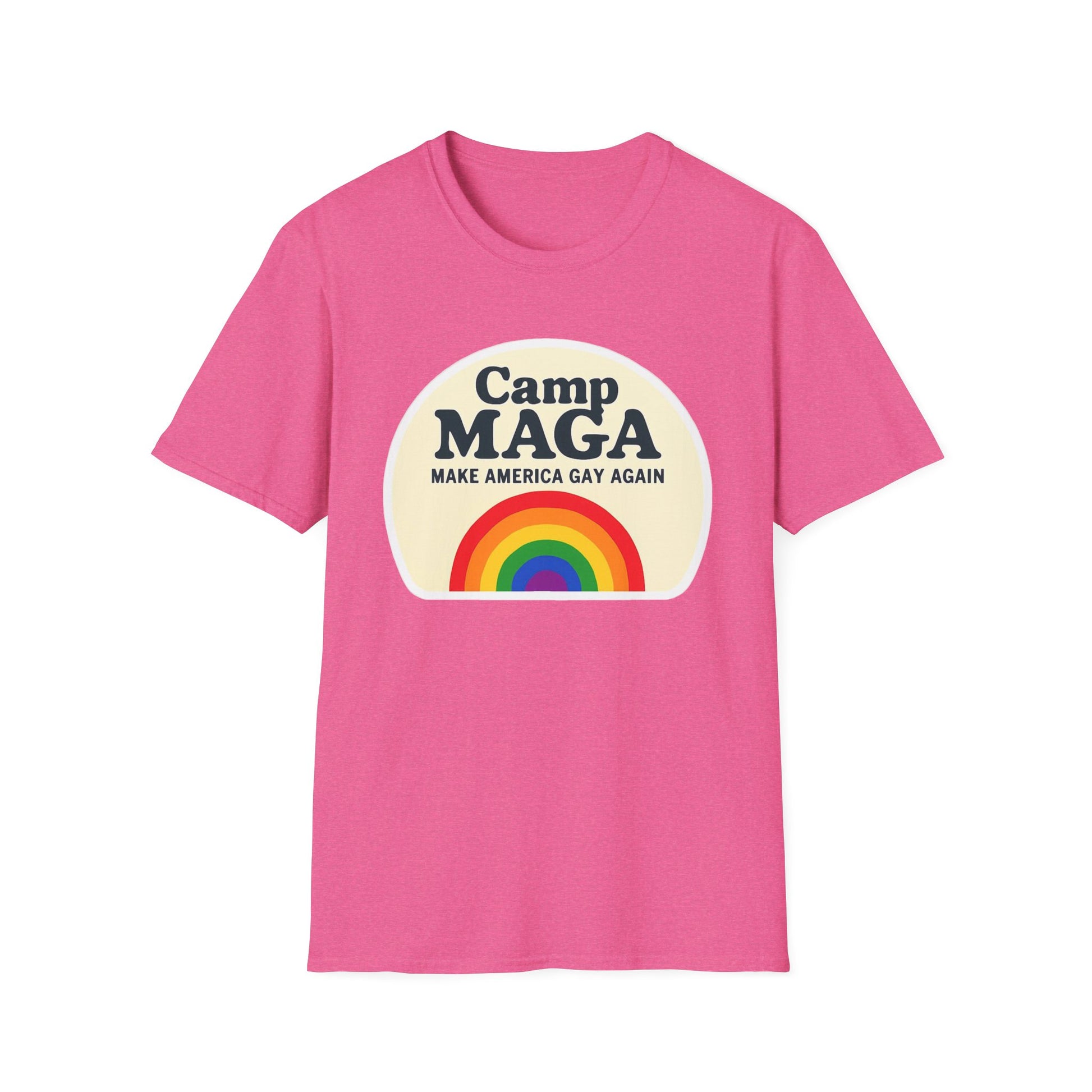 Camp MAGA Rainbow T-Shirt, Carnival Make America Gay Again Pride Tee, LGBTQ Festival Shirt, Unisex Softstyle Top, Patriotic Rainbow Apparel
