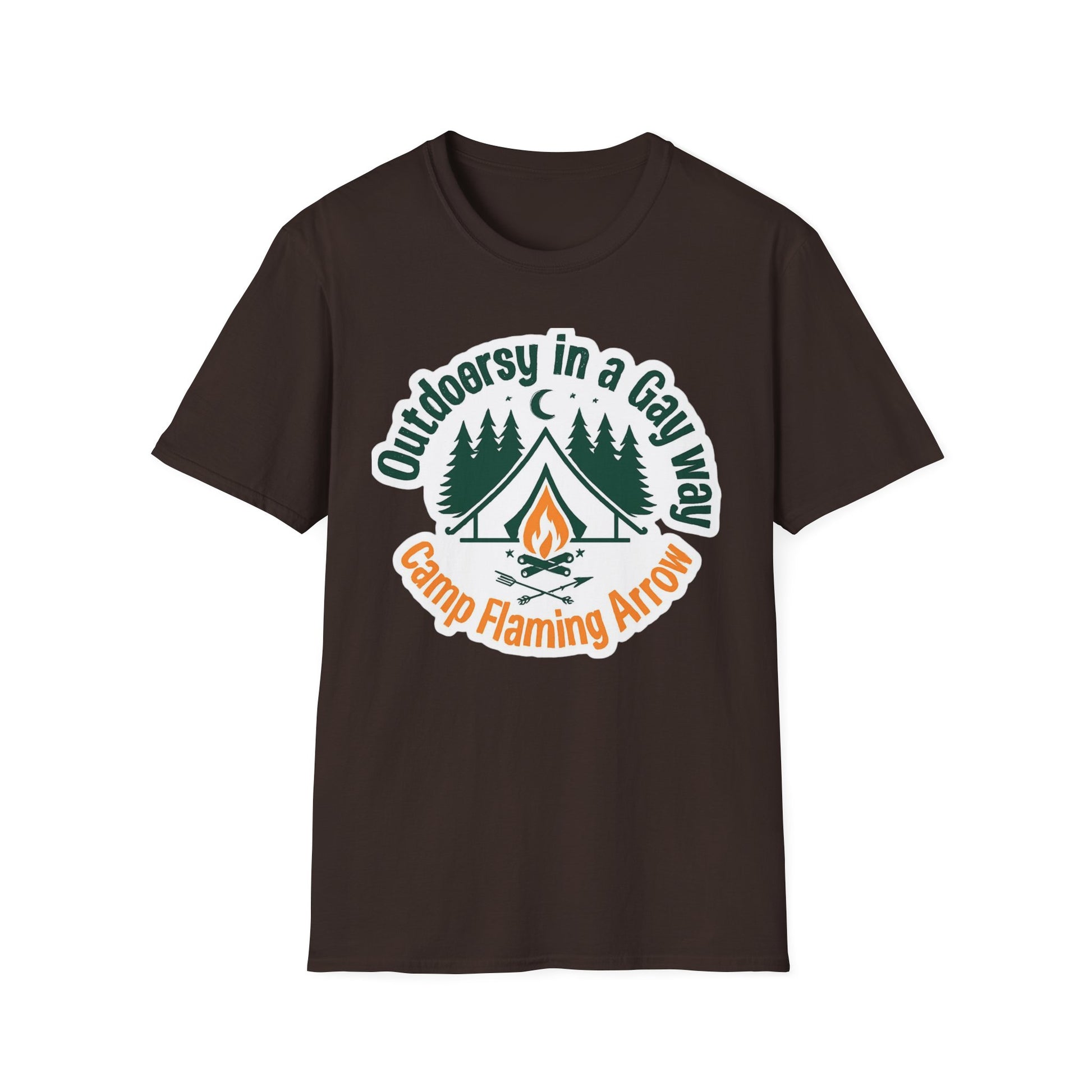 Camp Flaming Arrow Pride T-Shirt, Ptown carnival Gay Outdoorsy in a gay way, LGBTQ+ Camping Gear, Summer Festival Top, Unisex Graphic Tee