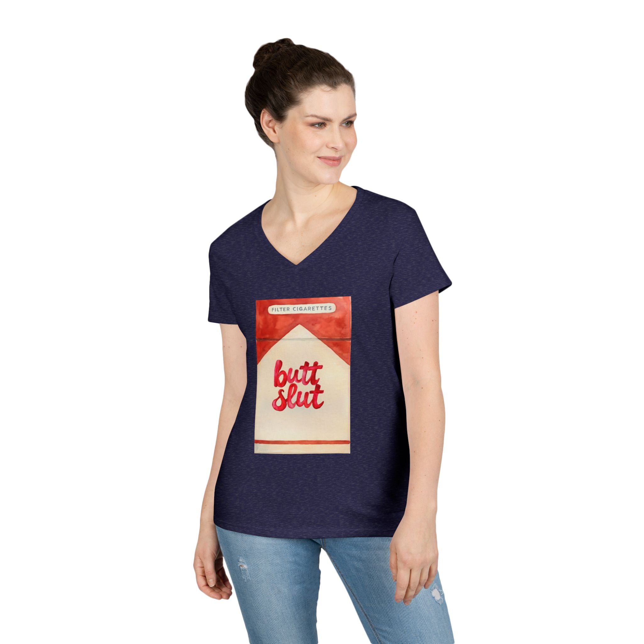 Butt Slut Ladies' V-Neck T-Shirt, Fun Offensive Smokers Shirt, Women's Tee, Rude Graphic Top, V-Neck Short Sleeve Shirt