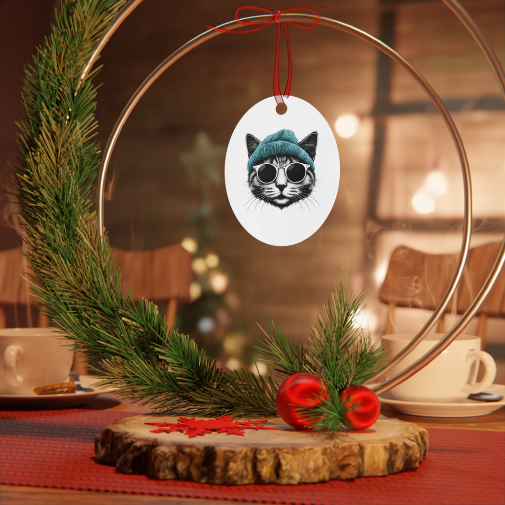 Cat Metal Ornament cool cat, and a beanie metal Christmas ornament