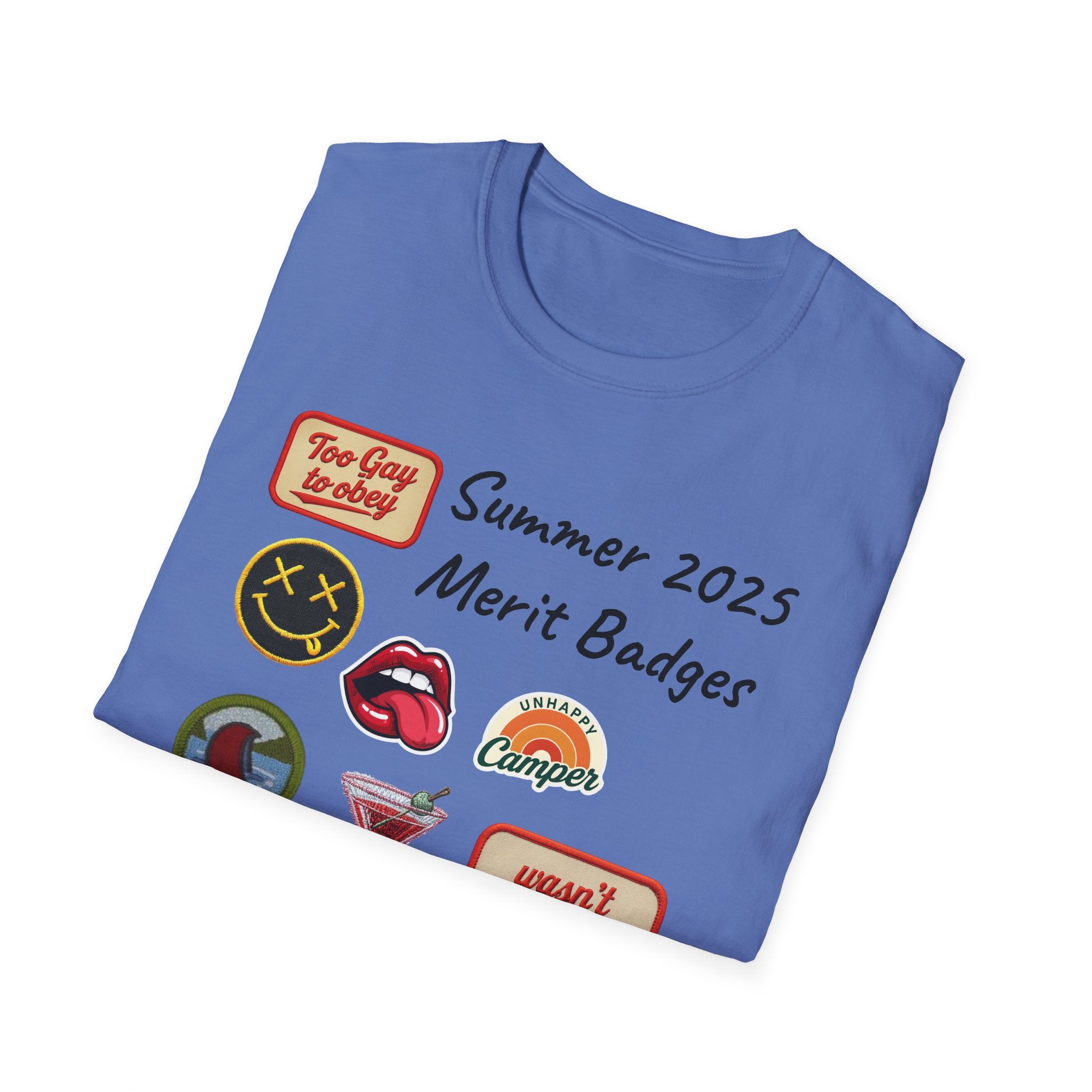 Summer 2025 Merit Badges carnival Unisex Softstyle T-Shirt, Gay Summer Apparel, Camp Vibes Tee, Unique Gifts, Casual Wear for Parties