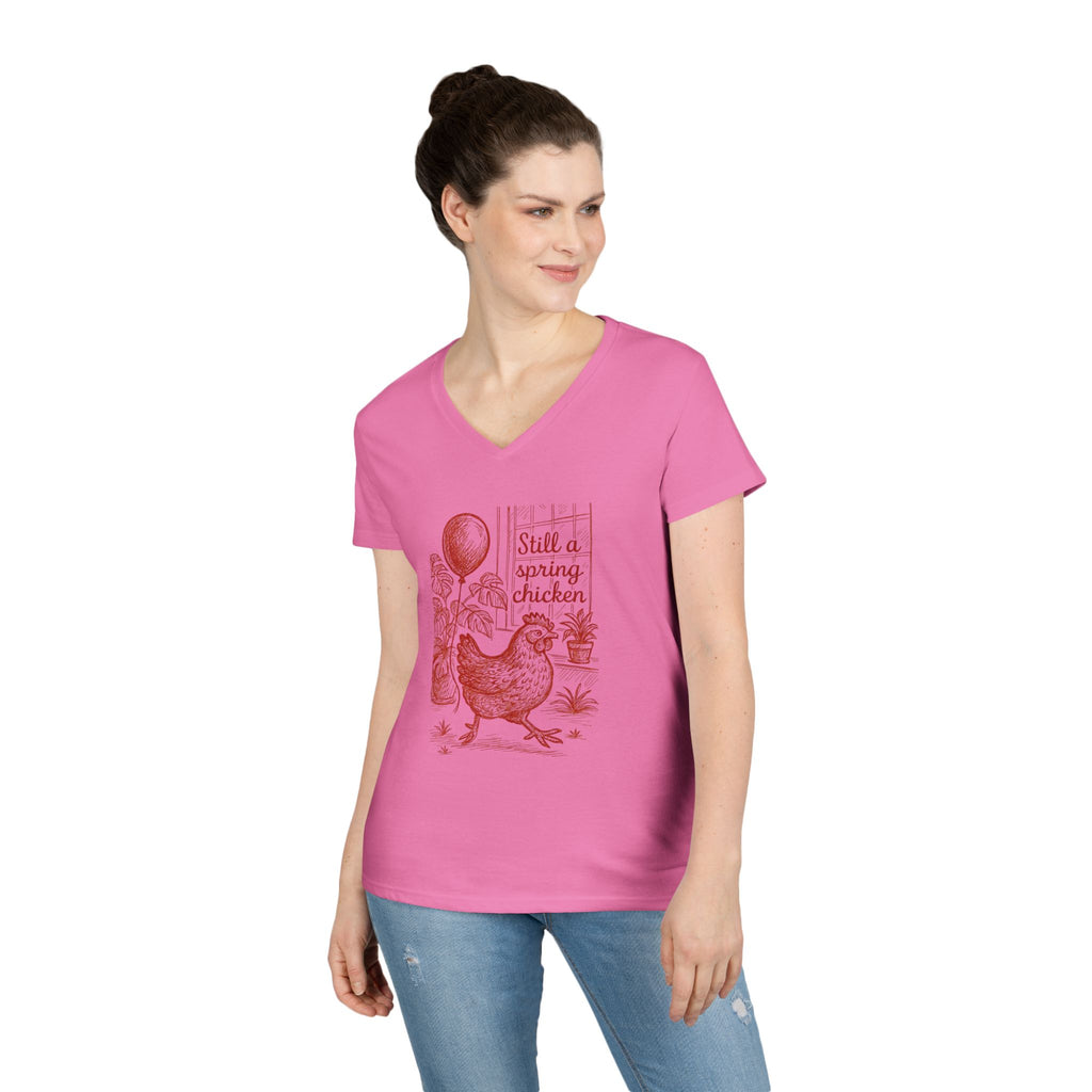 Still A Spring Chicken Ladies' V-Neck T-Shirt, Women's Birthday Gift Shirt, Menopause Tee, Getting Older Top, Funny Graphic Tee