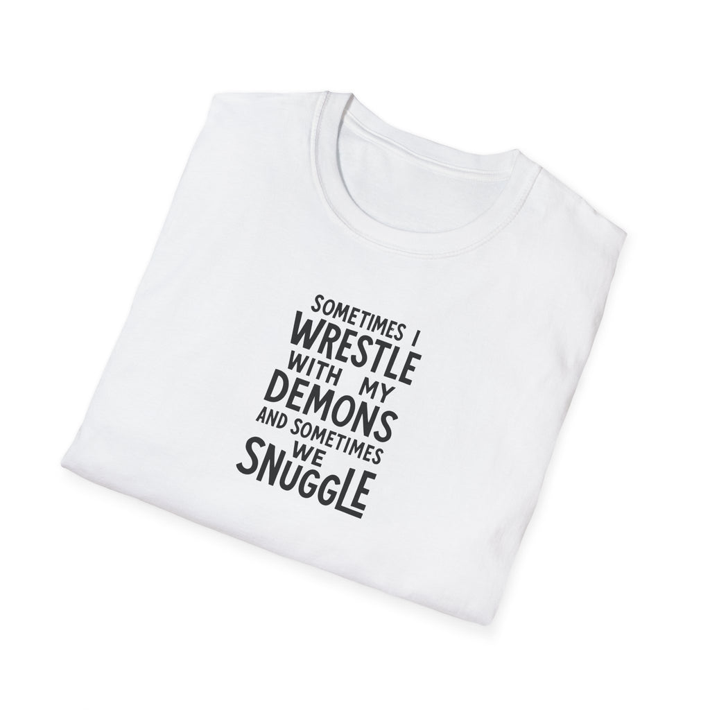 Demon Snuggle Unisex Softstyle T-Shirt, Wrestling Funny Tee, Mental Health Shirt, Graphic Tee, Gift for Him Her