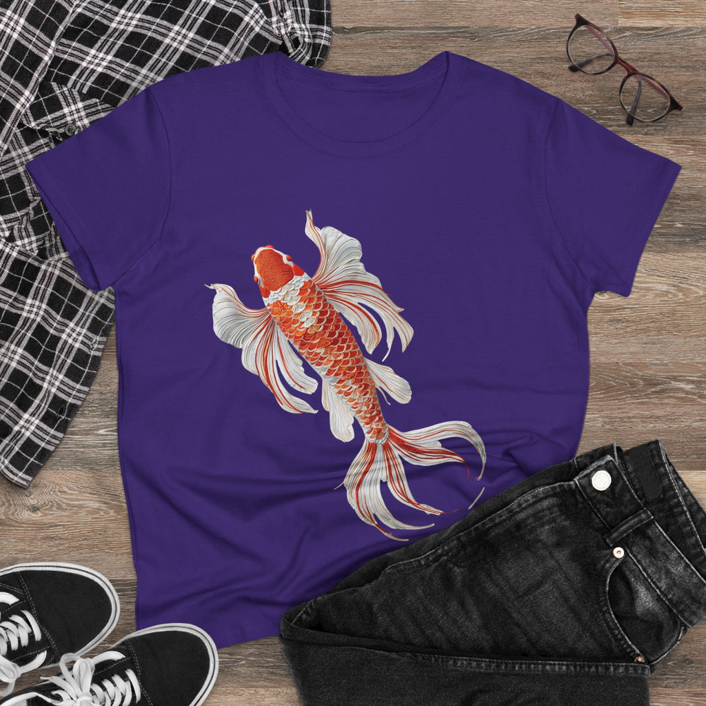 Koi Fish Design Tee for Women, Casual Summer Top, Gift for Nature Lovers, Artistic Cotton Shirt, Ocean Vibe Tee, Everyday Wear