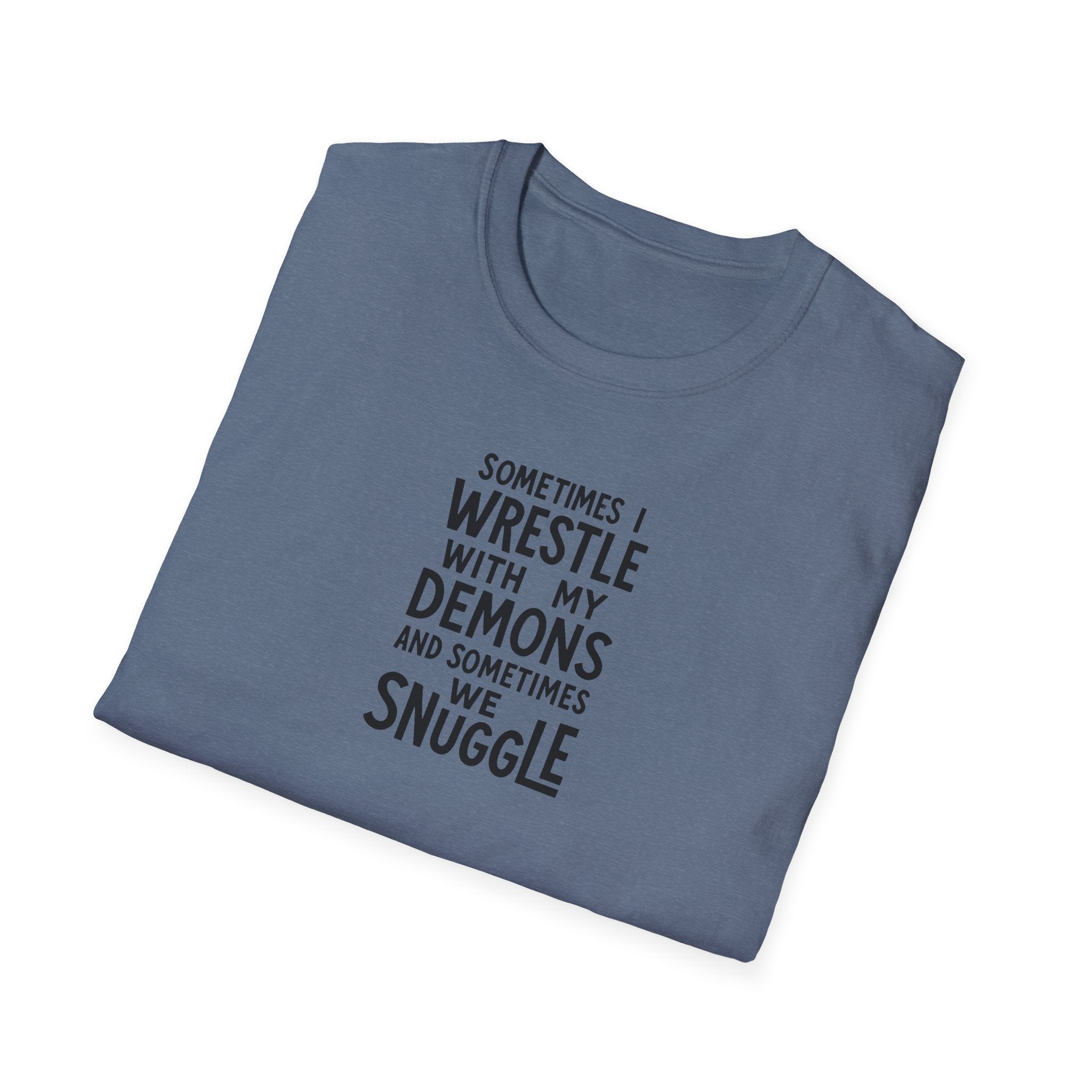 Demon Snuggle Unisex Softstyle T-Shirt, Wrestling Funny Tee, Mental Health Shirt, Graphic Tee, Gift for Him Her