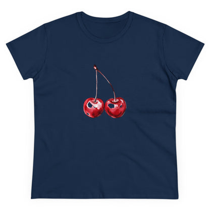 Cherries Tee, Fruit Graphic Shirt, Summer Vibes Top, Women's Cotton T-Shirt, Retro Cherry Print Clothing, Food Lover Gift