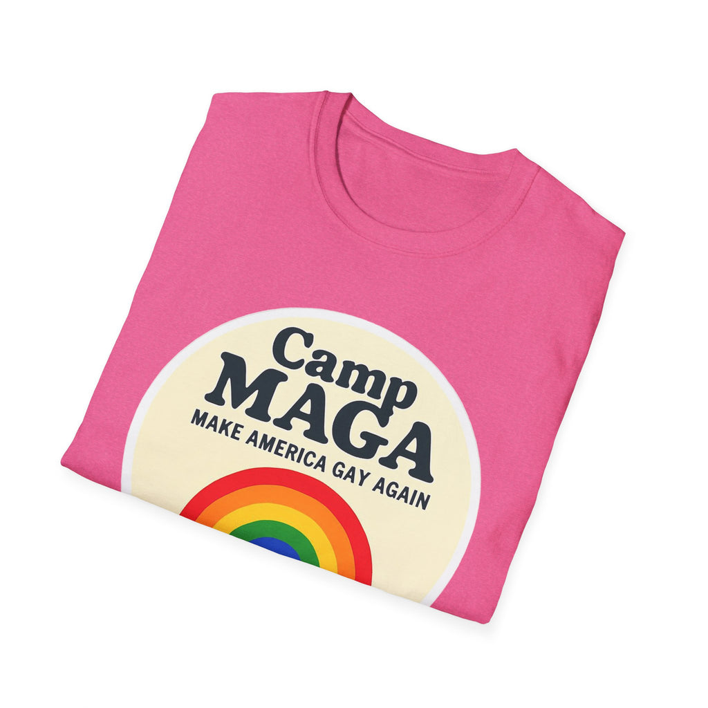 Camp MAGA Rainbow T-Shirt, Carnival Make America Gay Again Pride Tee, LGBTQ Festival Shirt, Unisex Softstyle Top, Patriotic Rainbow Apparel