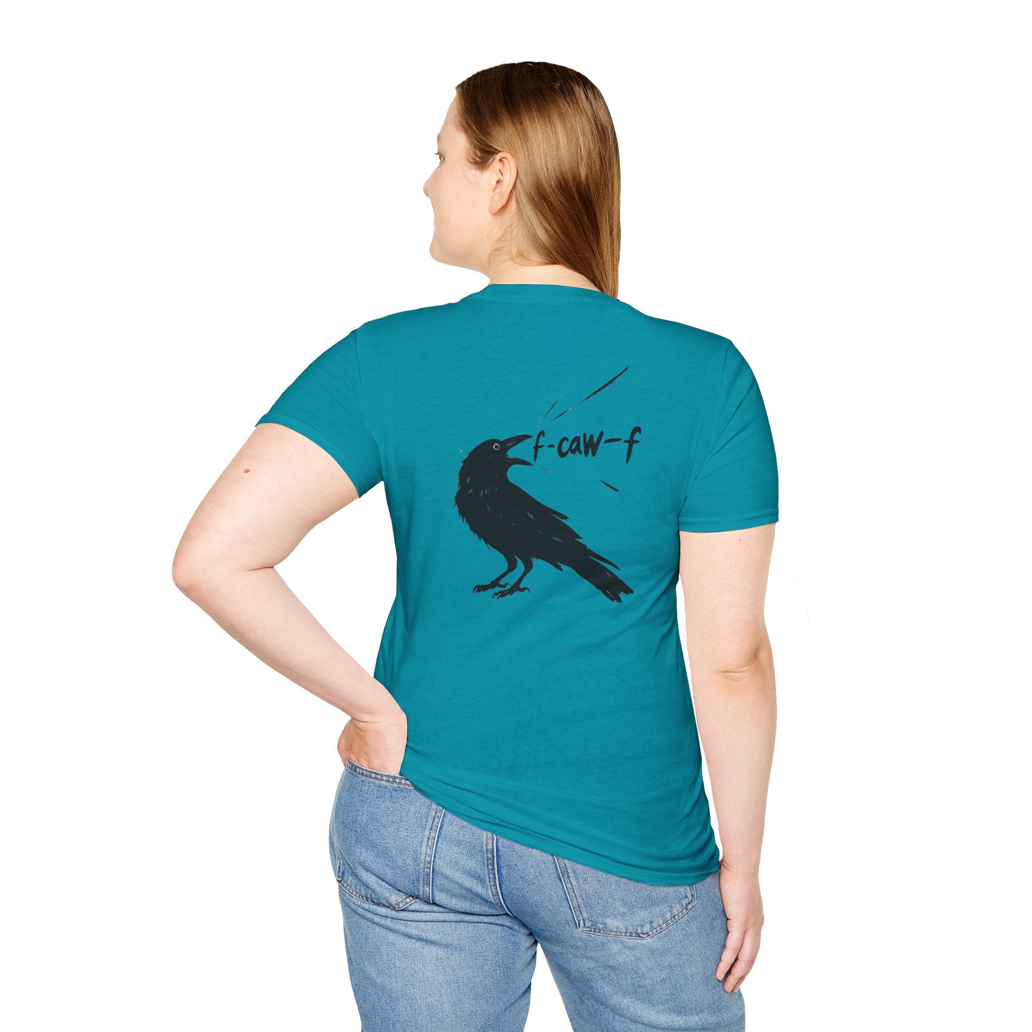 F Off Crow Bird Lover back of shirt design Unisex Softstyle T-Shirt, Sarcastic Graphic Tee for Bird Enthusiasts, F Off Tee, Unique Gift, F-Caw-F Christmas gift