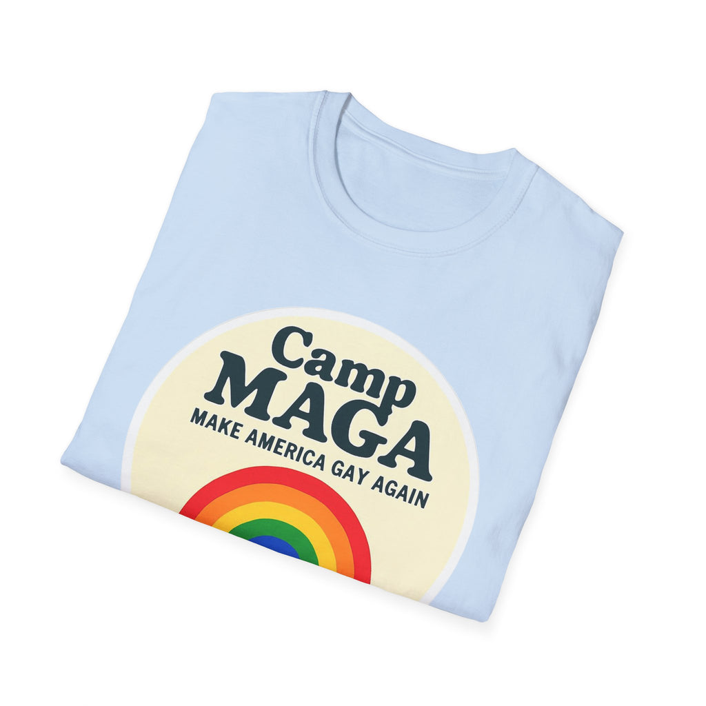 Camp MAGA Rainbow T-Shirt, Carnival Make America Gay Again Pride Tee, LGBTQ Festival Shirt, Unisex Softstyle Top, Patriotic Rainbow Apparel