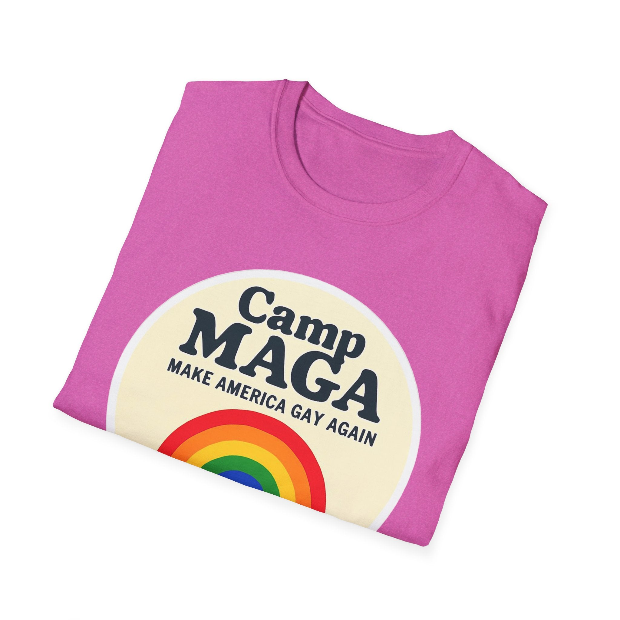 Camp MAGA Rainbow T-Shirt, Carnival Make America Gay Again Pride Tee, LGBTQ Festival Shirt, Unisex Softstyle Top, Patriotic Rainbow Apparel
