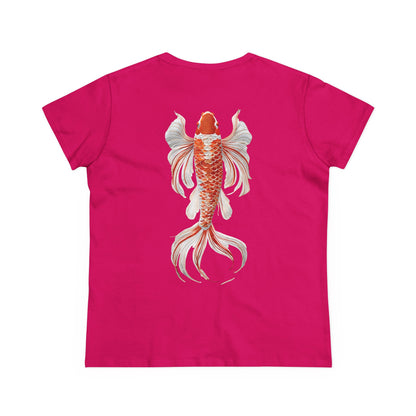 Artistic Goldfish Graphic Women's Midweight Cotton Tee koi On back of tee