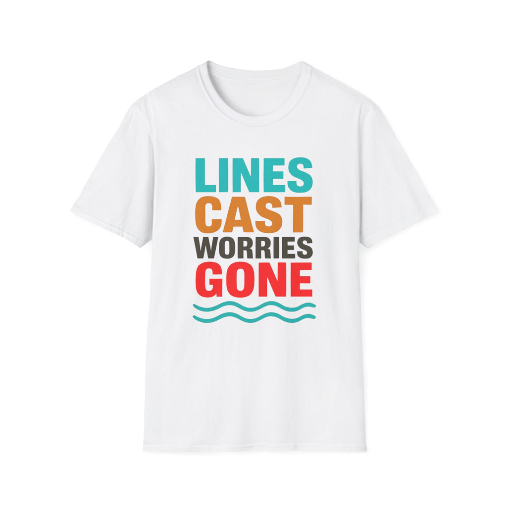 Relaxing Lines cast worries gone T-Shirt - Unisex Softstyle Tee, Casual Wear, Gift for Fishermen, Summer Vibes, Relaxation Shirt