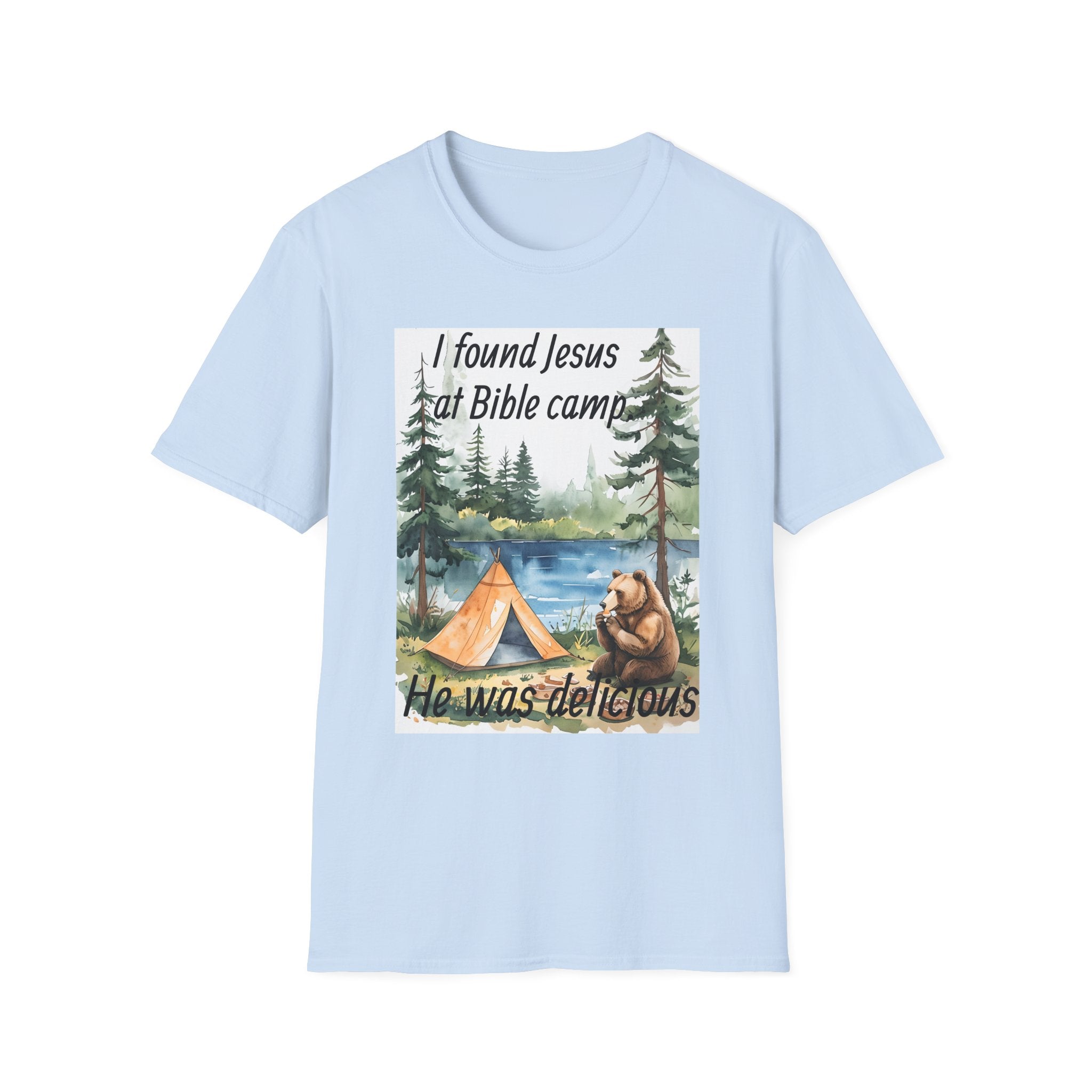 Funny Tee, Religious Camp Tshirt, Jesus Lover Shirt, Hilarious Church Gift, Christian Humor Apparel, Faith-Based Clothing camping bear