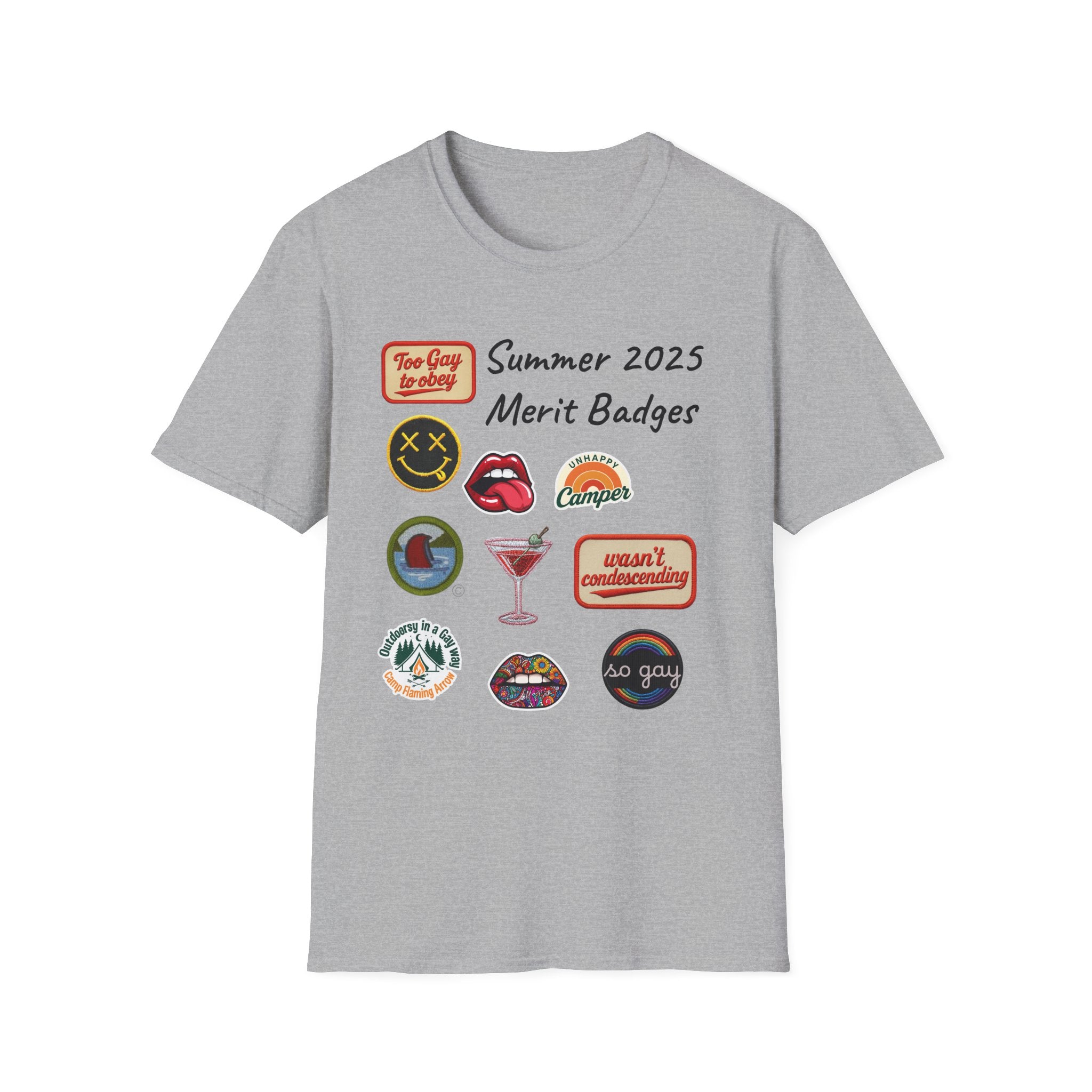 Summer 2025 Merit Badges carnival Unisex Softstyle T-Shirt, Gay Summer Apparel, Camp Vibes Tee, Unique Gifts, Casual Wear for Parties