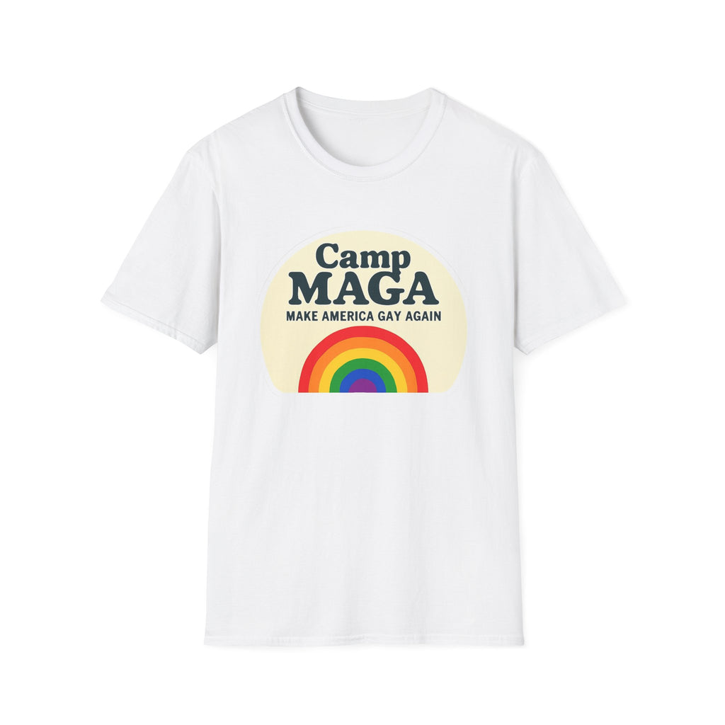 Camp MAGA Rainbow T-Shirt, Carnival Make America Gay Again Pride Tee, LGBTQ Festival Shirt, Unisex Softstyle Top, Patriotic Rainbow Apparel