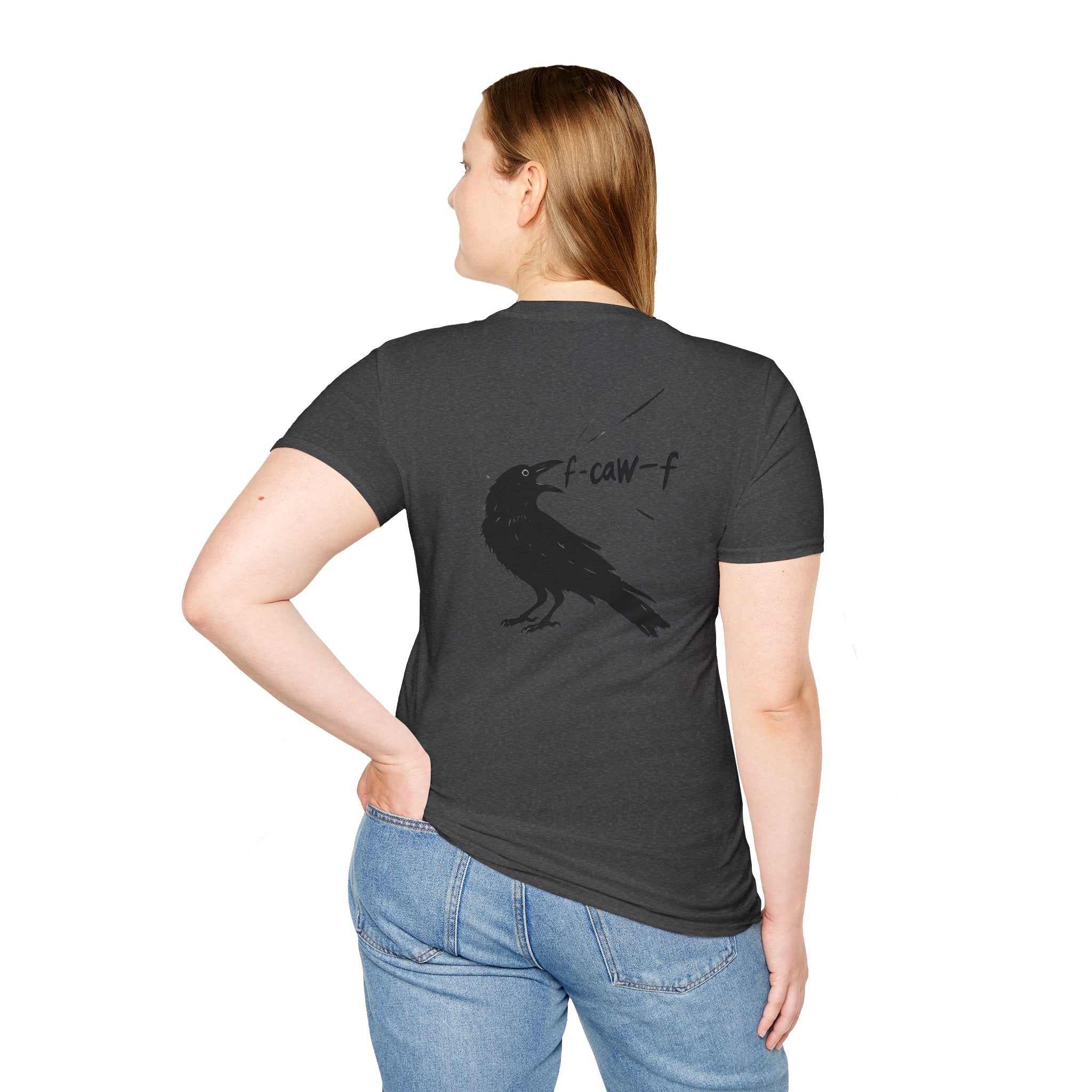 F Off Crow Bird Lover back of shirt design Unisex Softstyle T-Shirt, Sarcastic Graphic Tee for Bird Enthusiasts, F Off Tee, Unique Gift, F-Caw-F Christmas gift